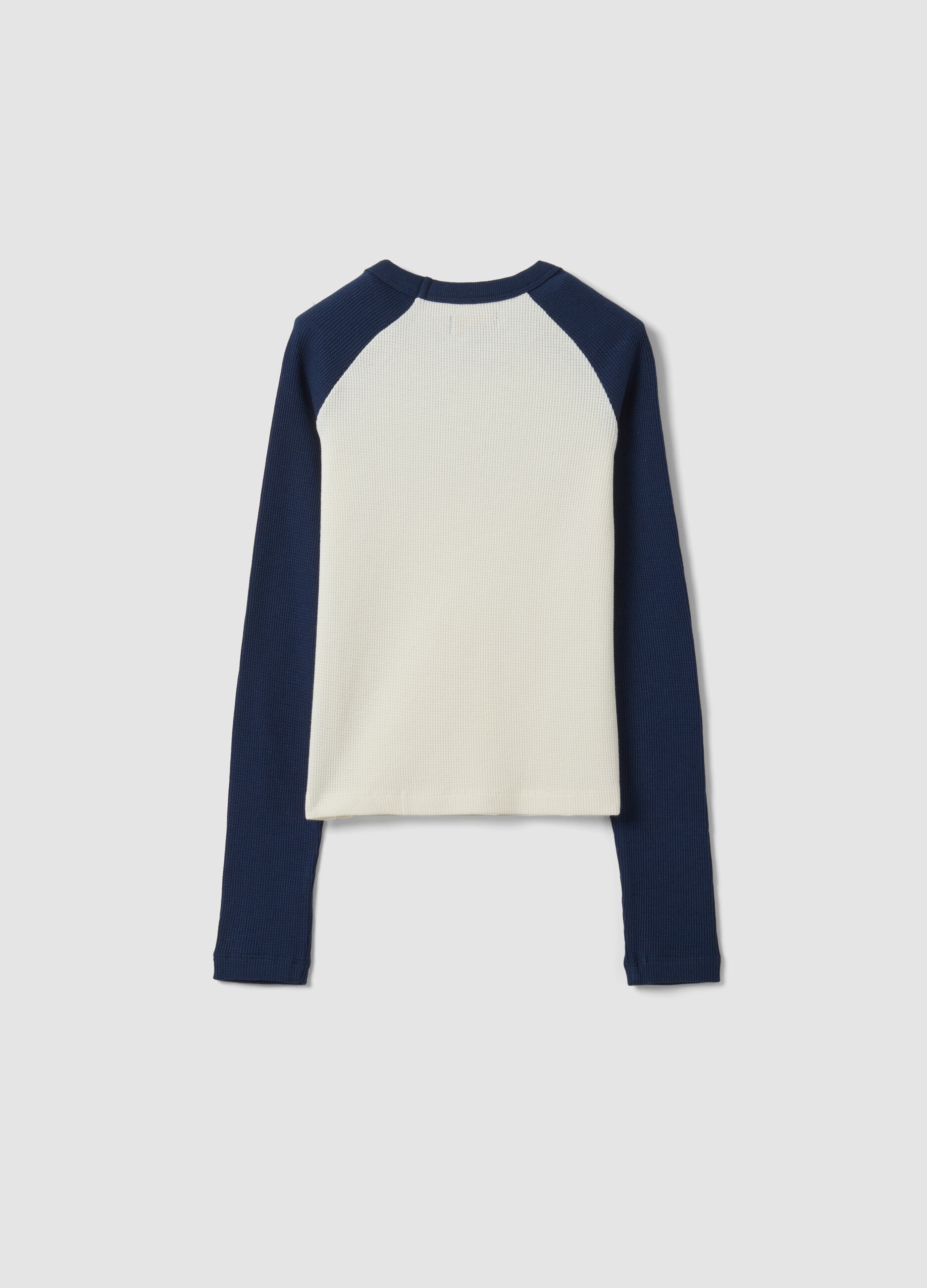 Blue stretch cotton T-shirt with contrast sleeves for girls
