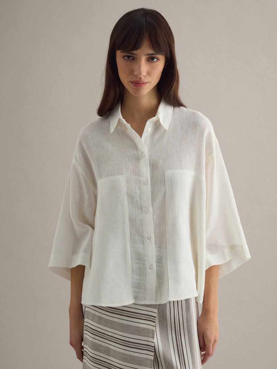 Camisa blanca de lino mezcla de corte extragrande_0