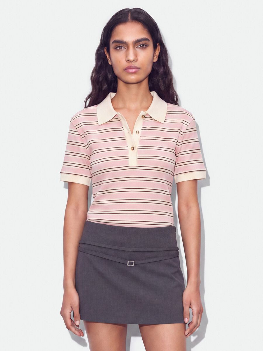 Pink striped stretch-cotton cropped polo shirt, regular fit_0