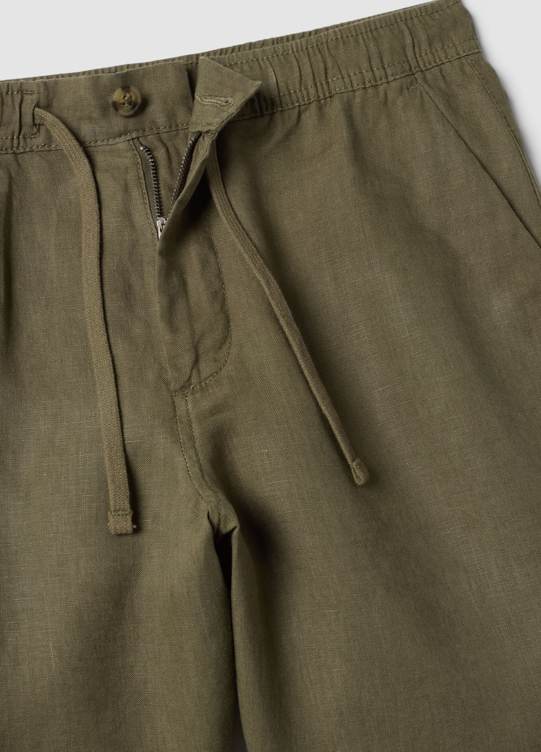 Green pure linen Bermuda shorts with elasticated waist