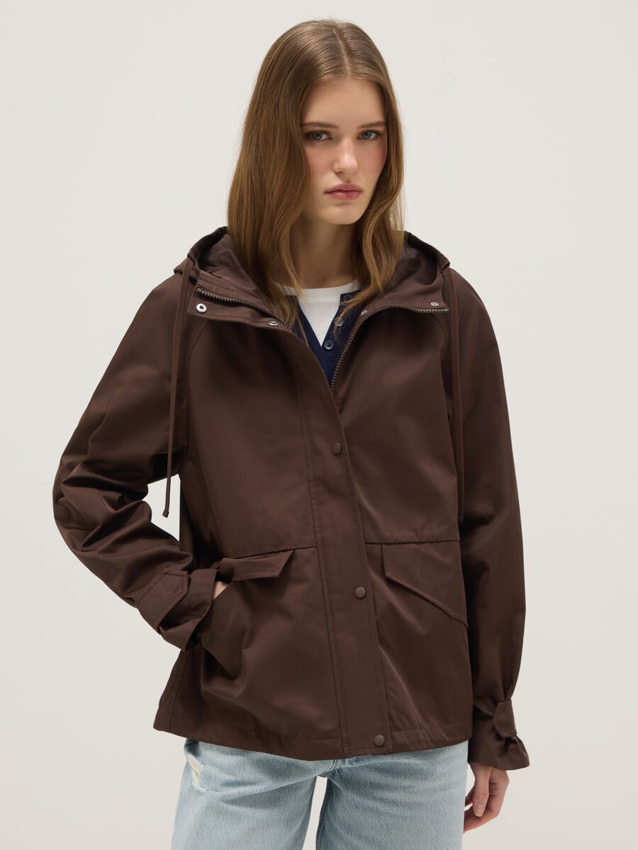 Brown cotton blend regular fit jacket with zip and hood_0
