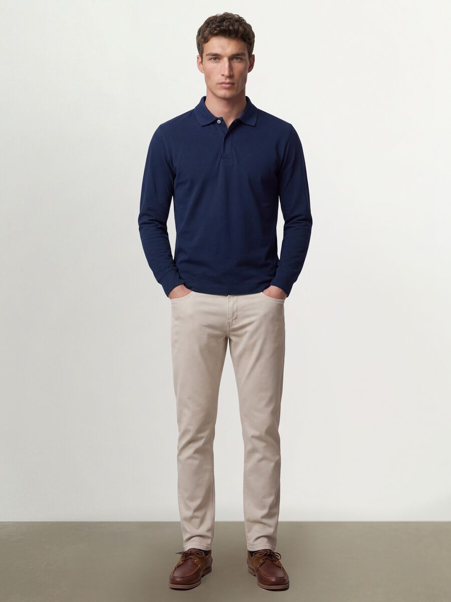 Navy stretch-cotton long-sleeve polo shirt, regular fit_1