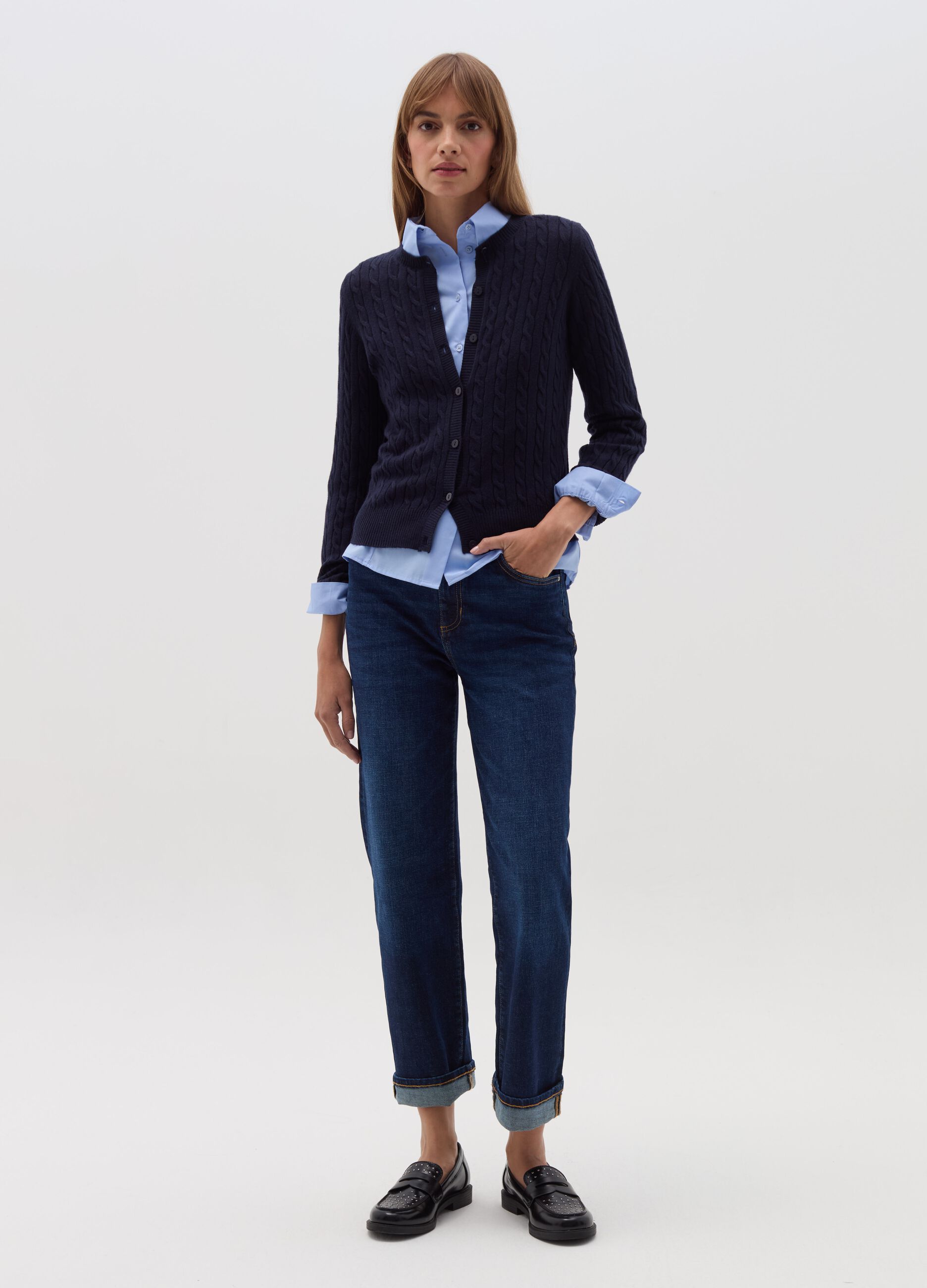 Ribbed cardigan with cable-knit design