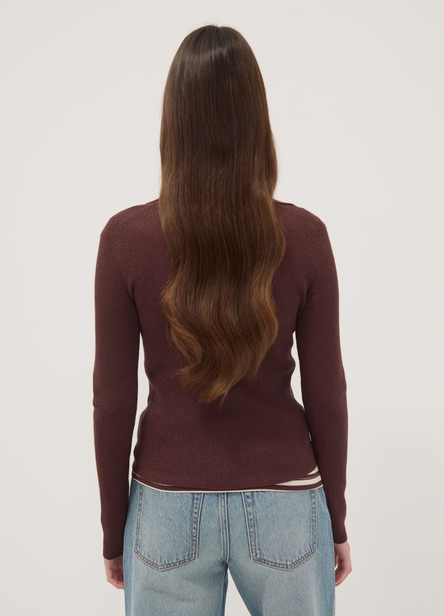 Brown ribbed viscose-blend polo-collar top