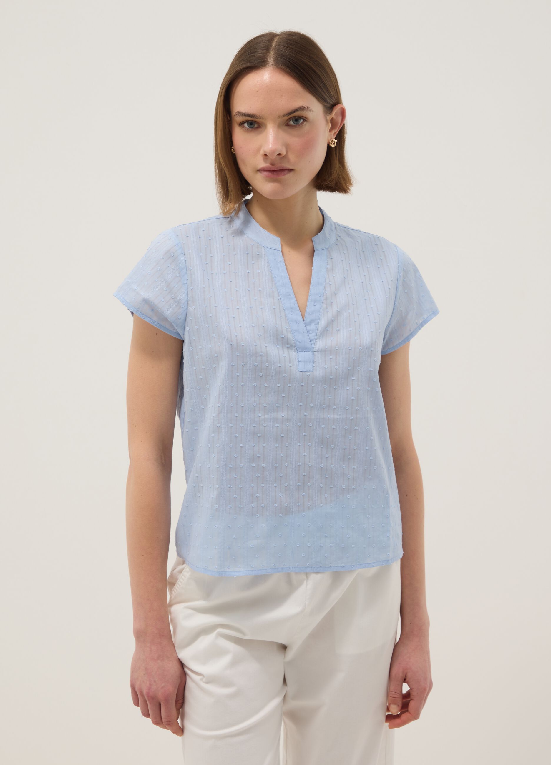 Light blue pure cotton regular fit deep V shirt with transparency