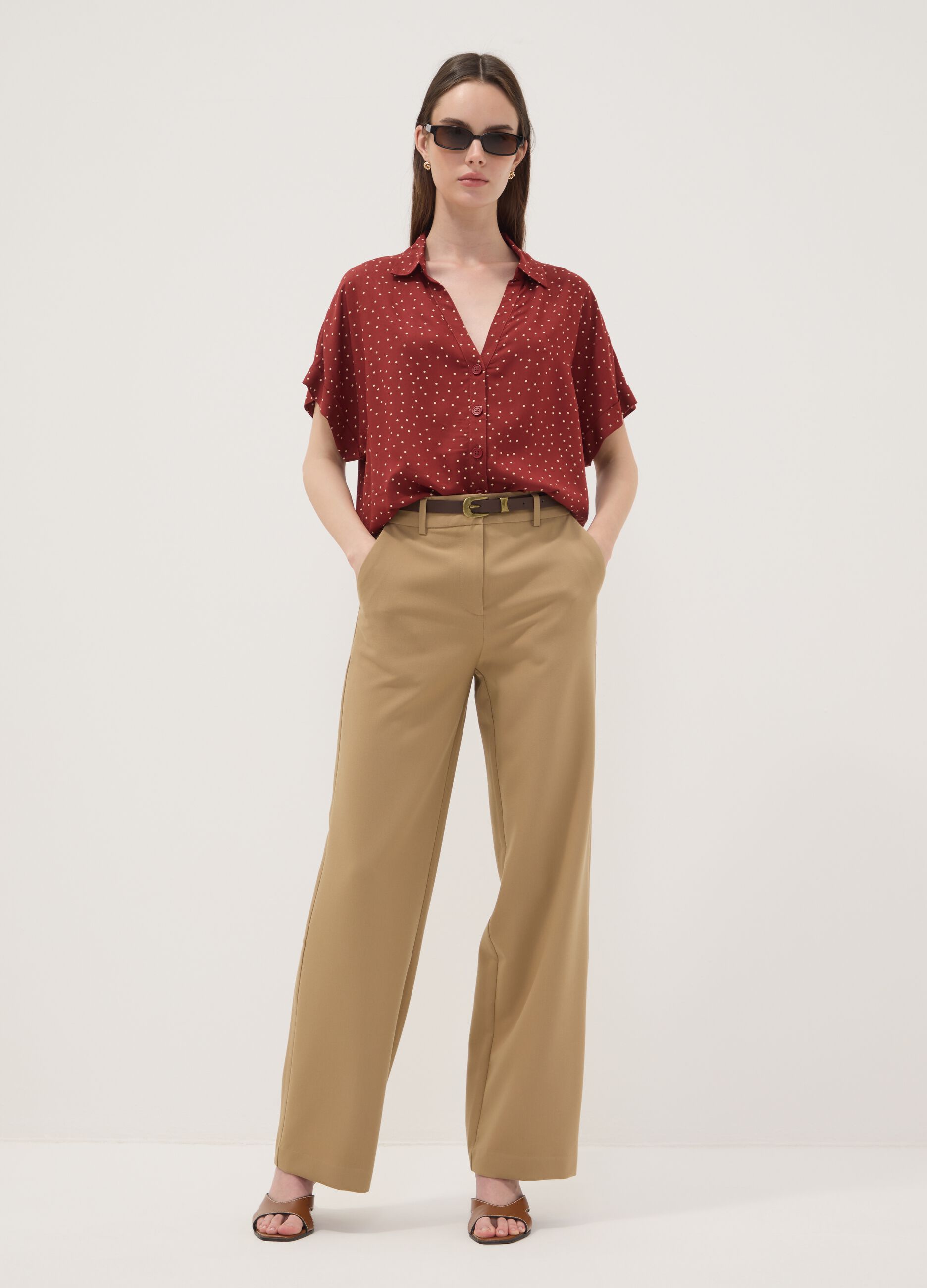 Beige straight-leg stretch viscose trousers