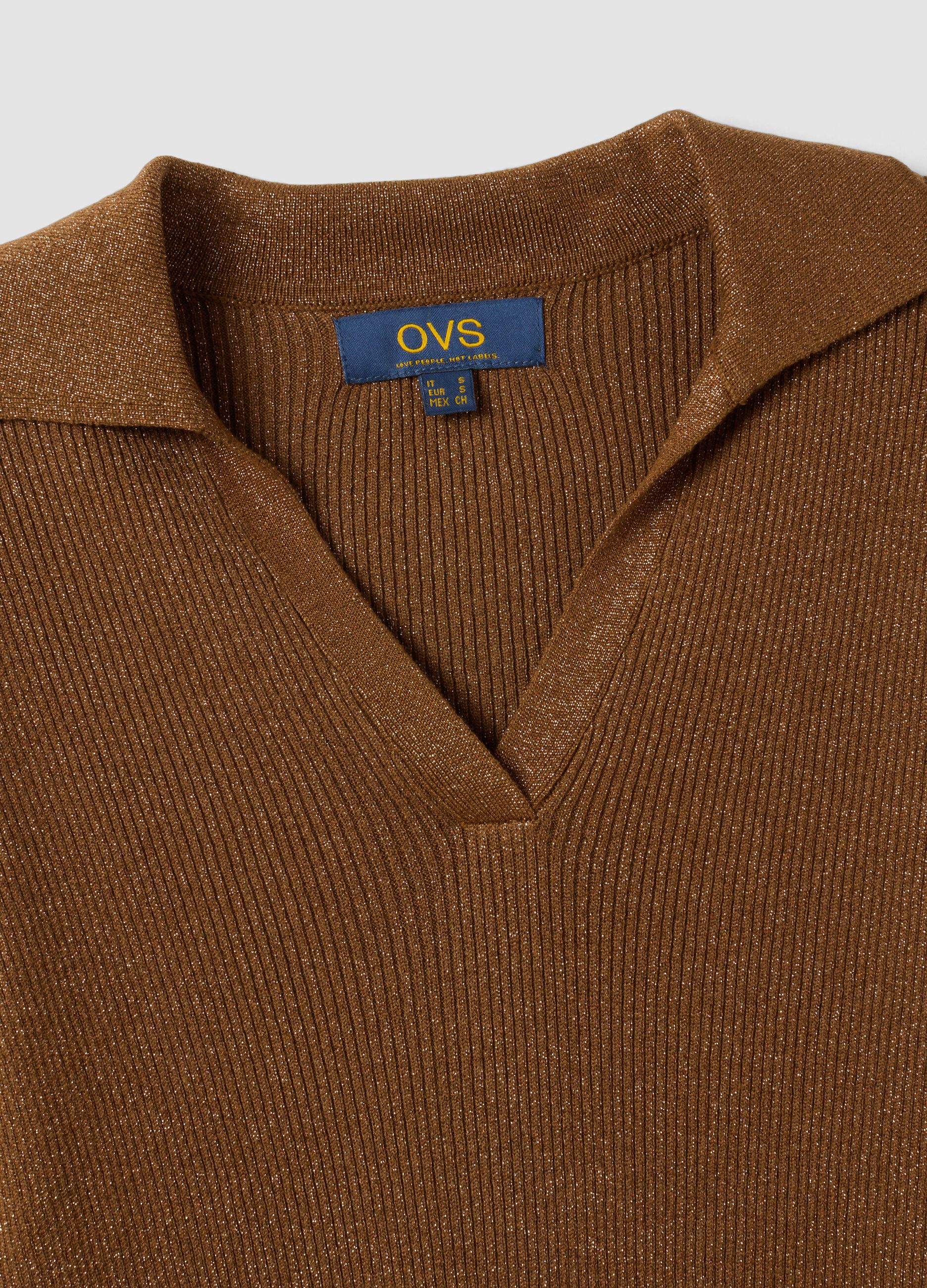 Brown ribbed viscose-blend polo-collar top