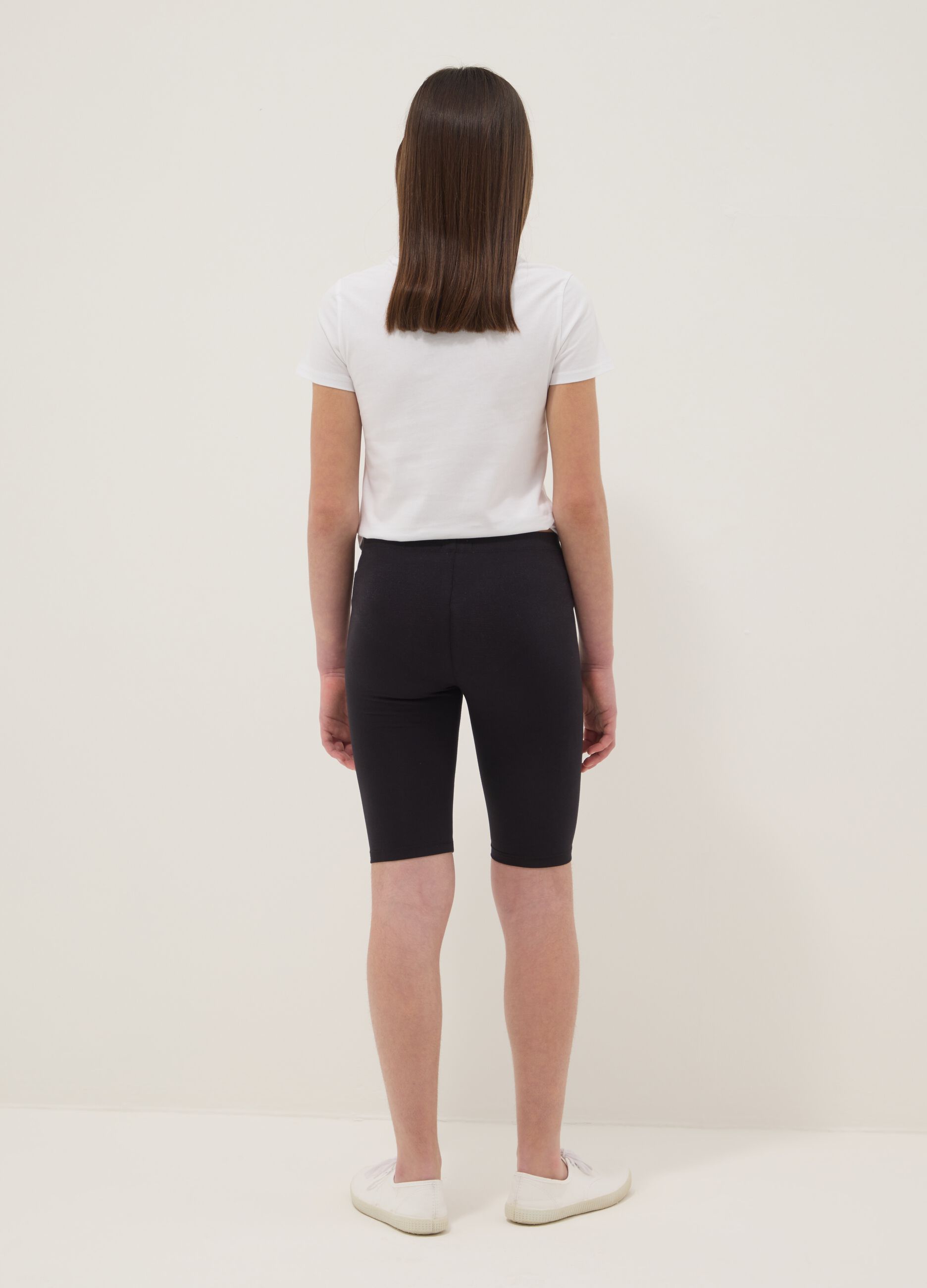 Cal&ccedil;&otilde;es ciclista skinny pretos em algod&atilde;o el&aacute;stico para rapariga