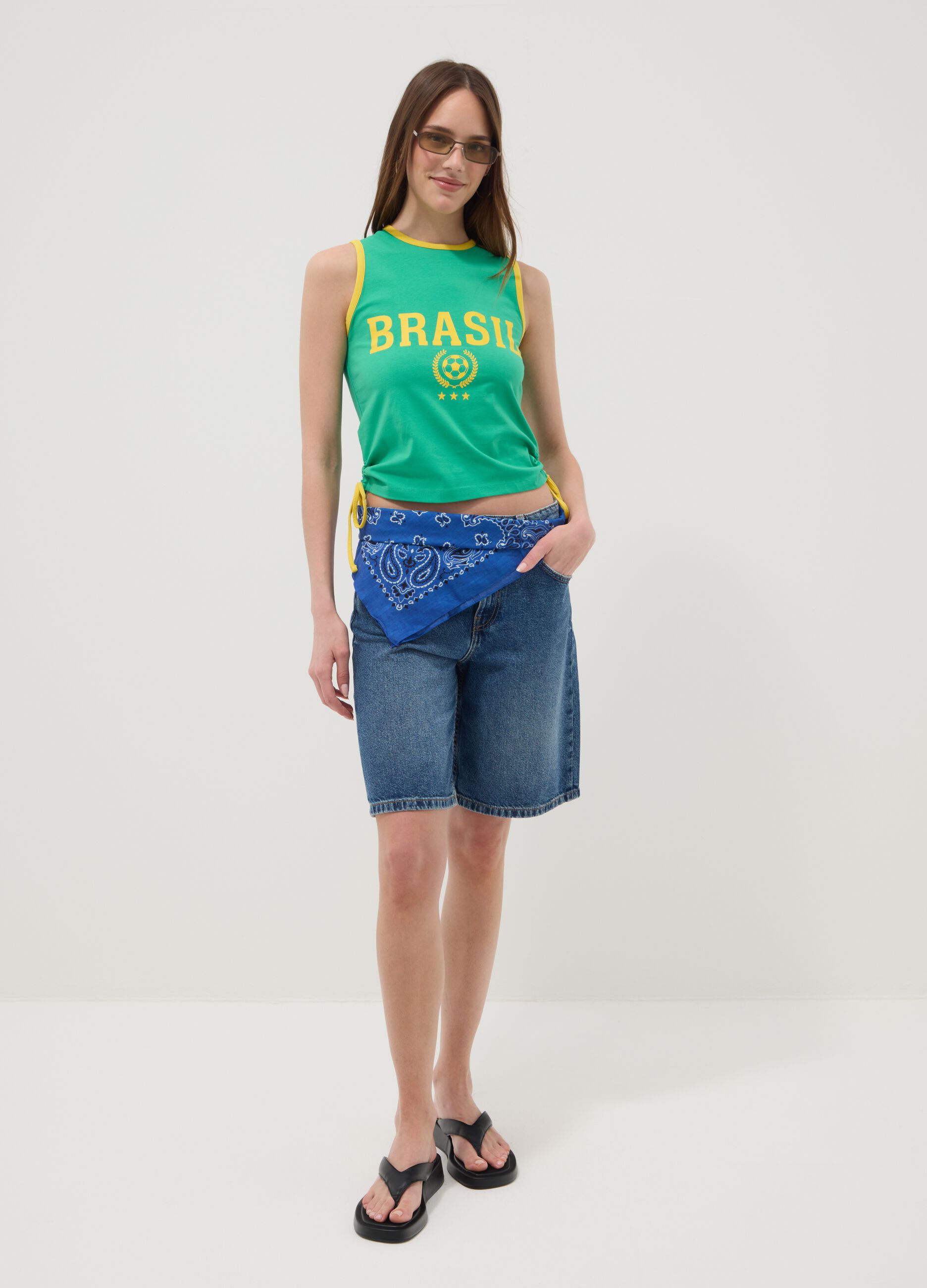 Green stretch cotton tank top with 'Brasil' slogan, regular fit