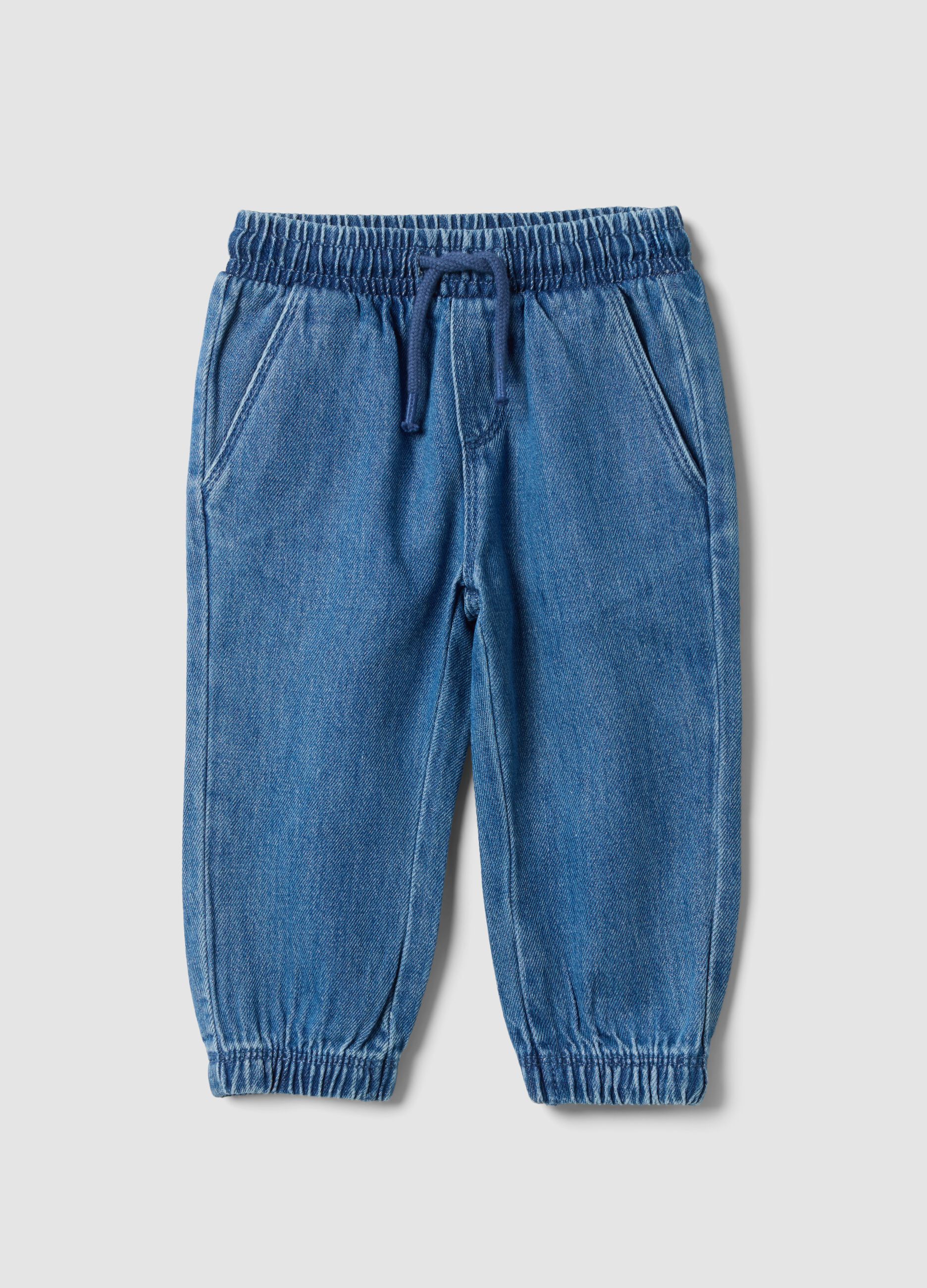 Blaue Denim-Hose aus Baumwoll-Viskose-Mix mit elastischem Bund