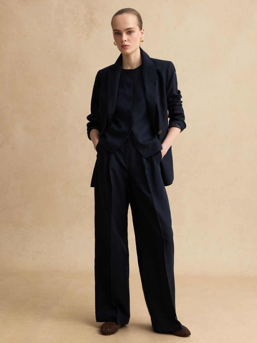 Pantalon &Eacute;l&eacute;gant &agrave; Jambe Large en Lyocell et Lin Bleu_0