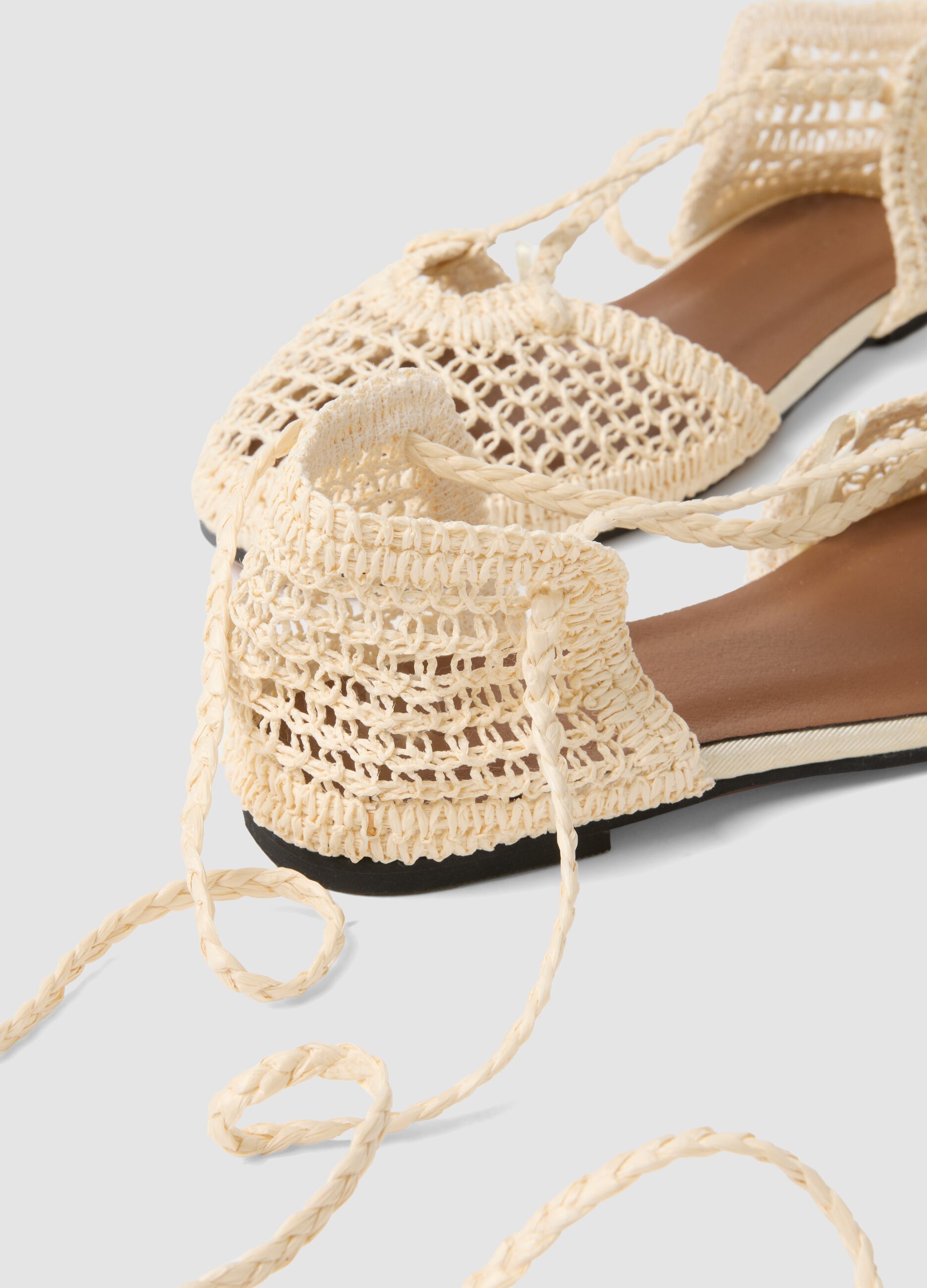 Beige woven lace-up sandals
