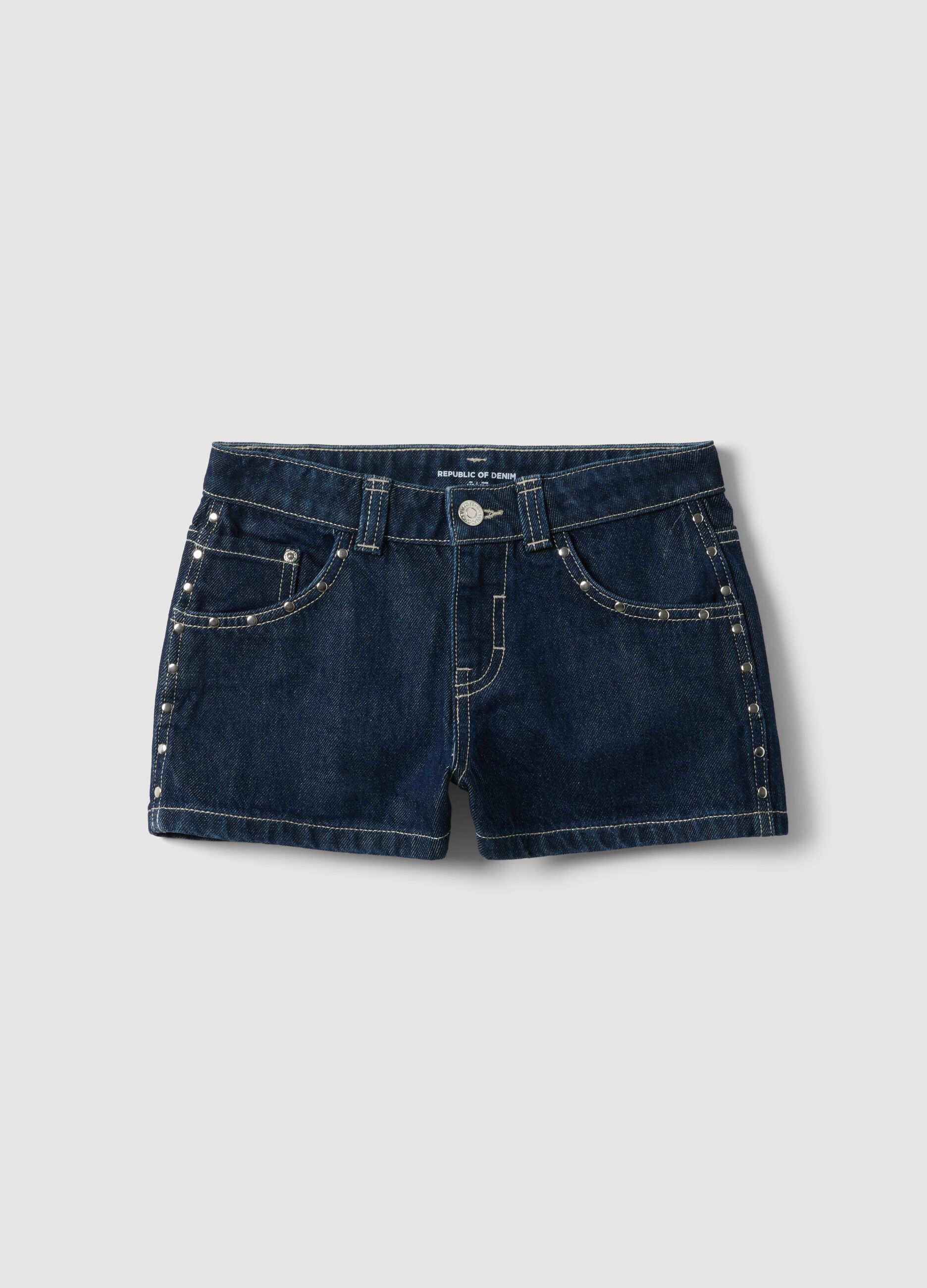 Cal&ccedil;&otilde;es de ganga azuis 100% algod&atilde;o para rapariga, corte skater com tachas