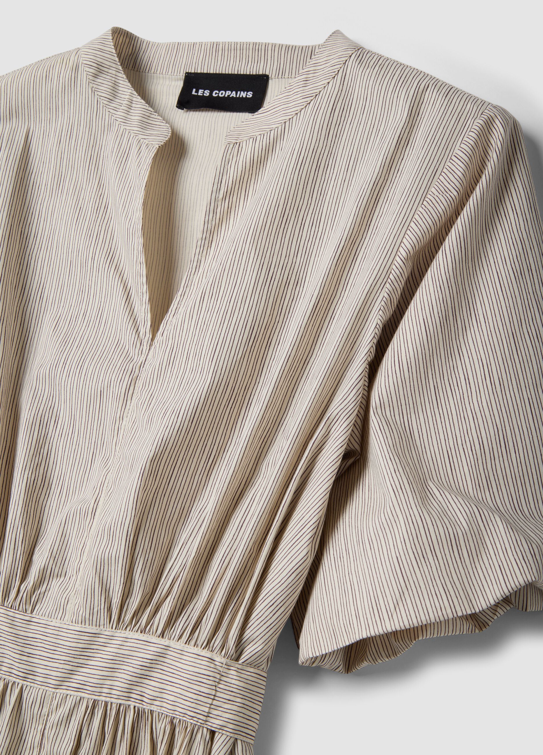 Beige striped pure cotton maxi dress, regular fit with V-neck