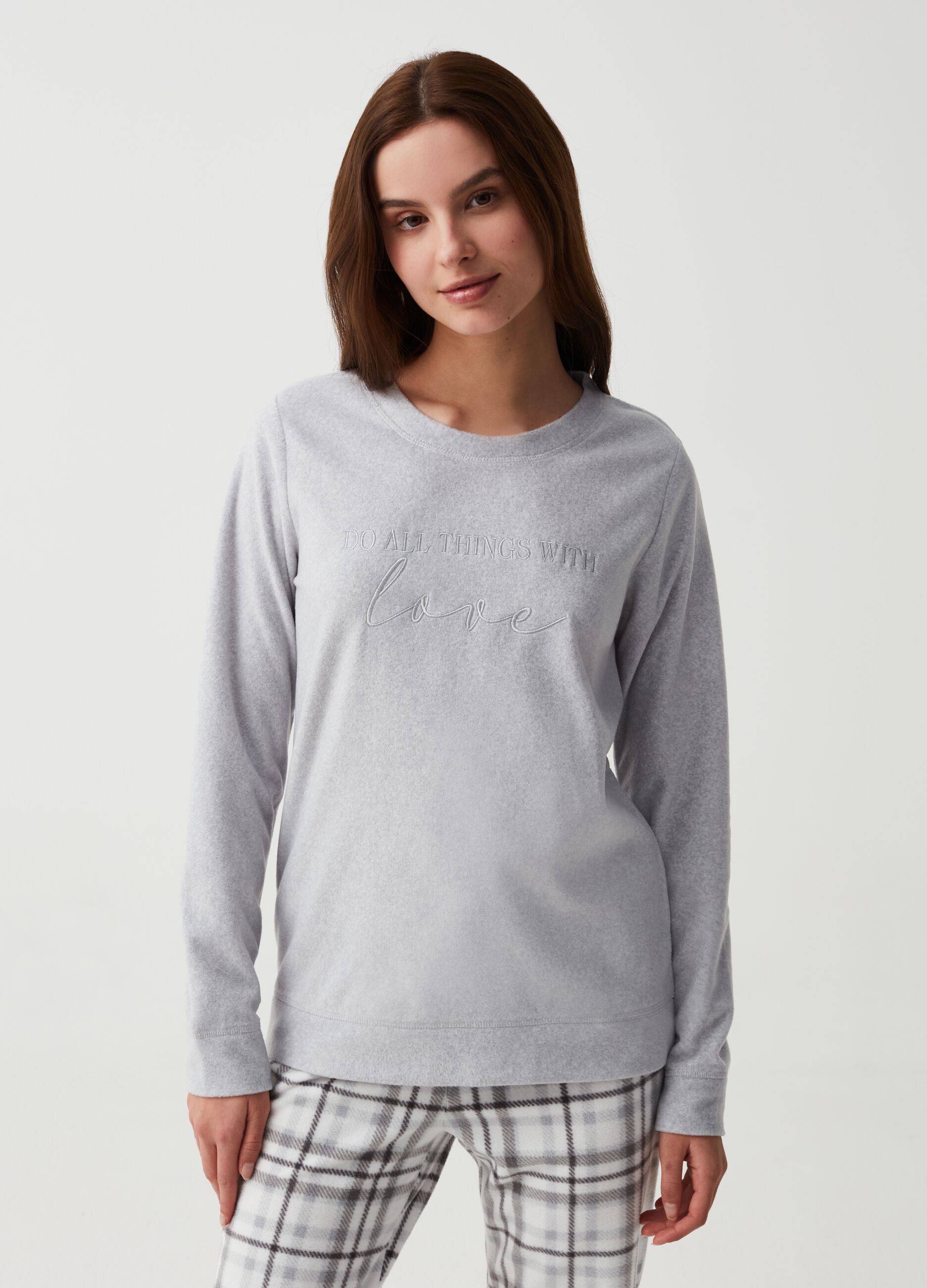 Fleece pyjama top with embroidered lettering