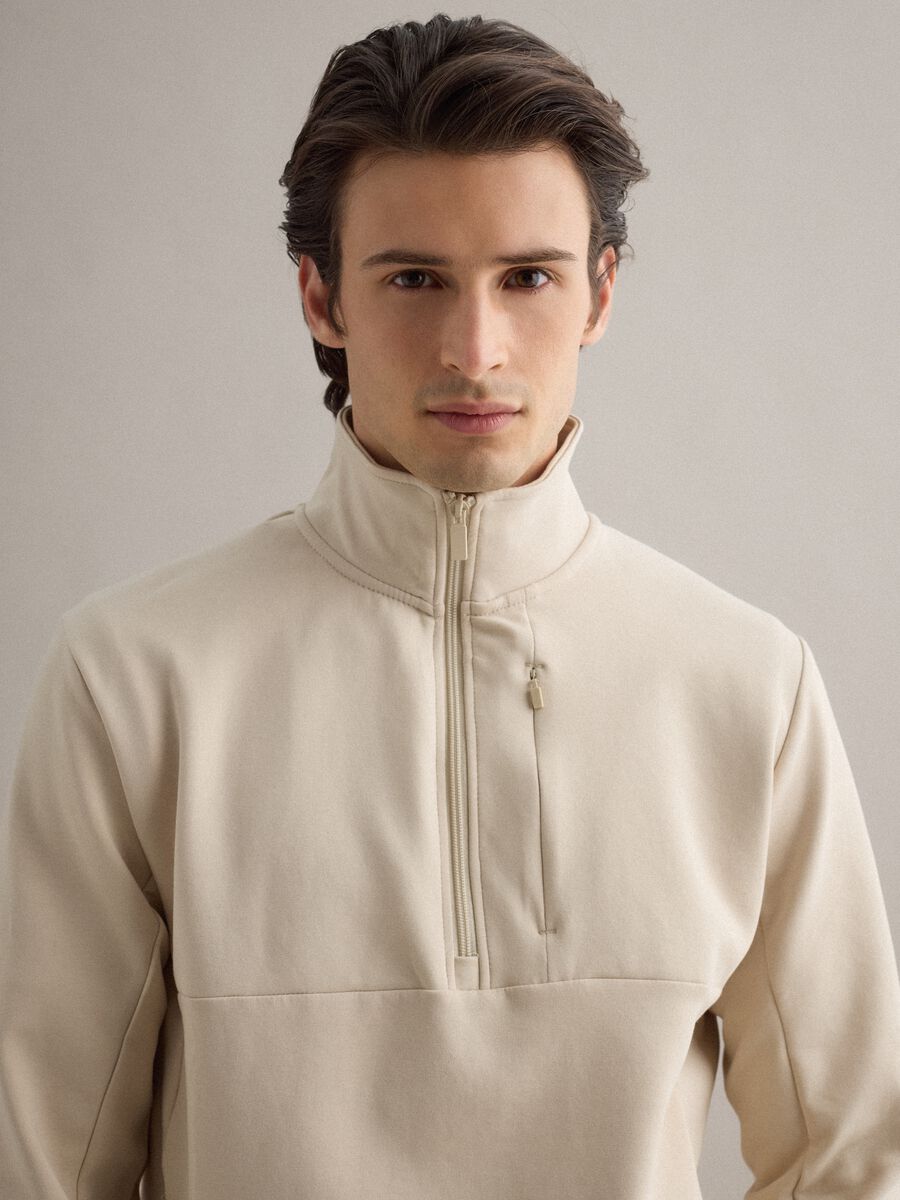 Beige regular fit stretch cotton blend sweatshirt with half zip_3