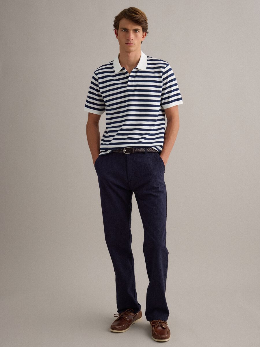 Blue and White Striped Pure Cotton Polo Shirt_2