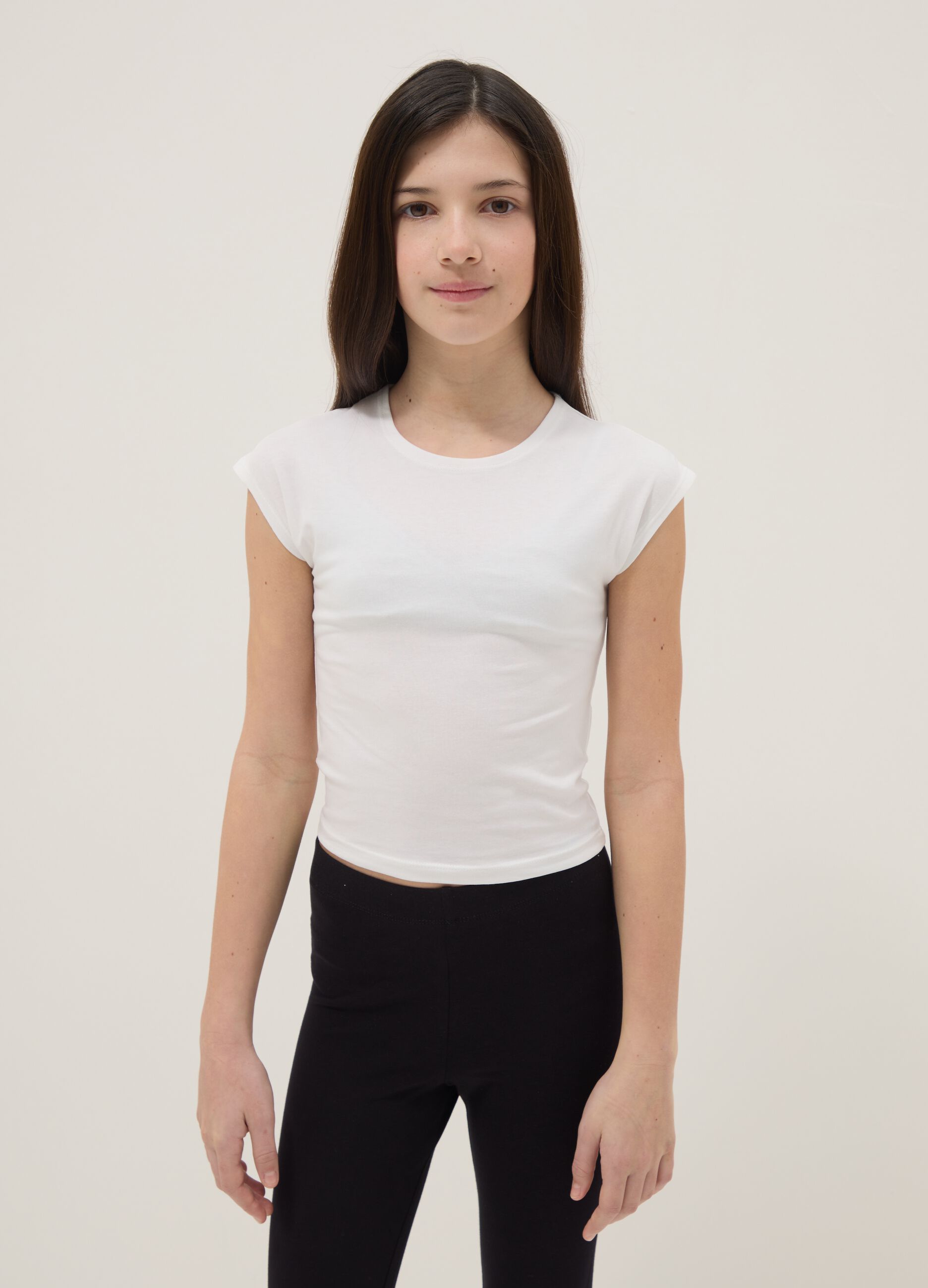 Girls' White Stretch Cotton Slim Fit T-shirt