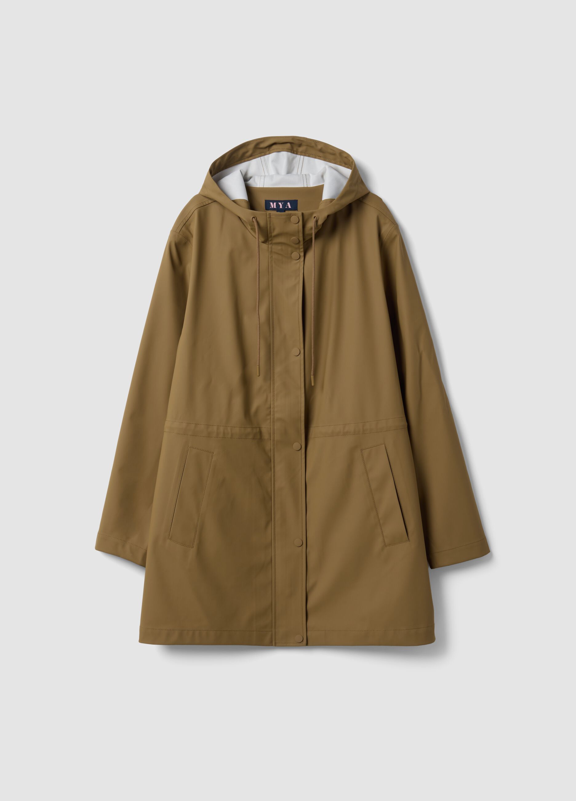 Brown rain jacket with hood, zip and snap-button fastening, regular fit