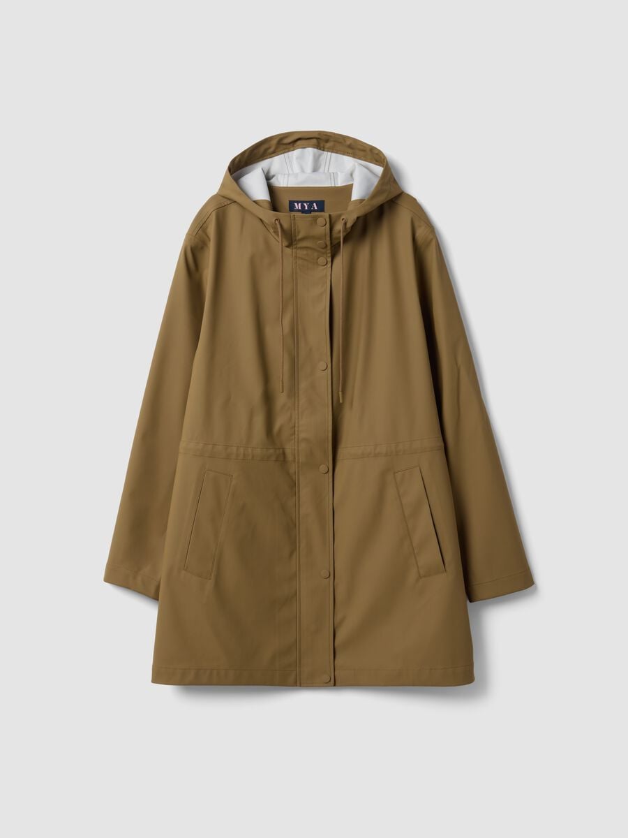 Brown rain jacket with hood, zip and snap-button fastening, regular fit_0
