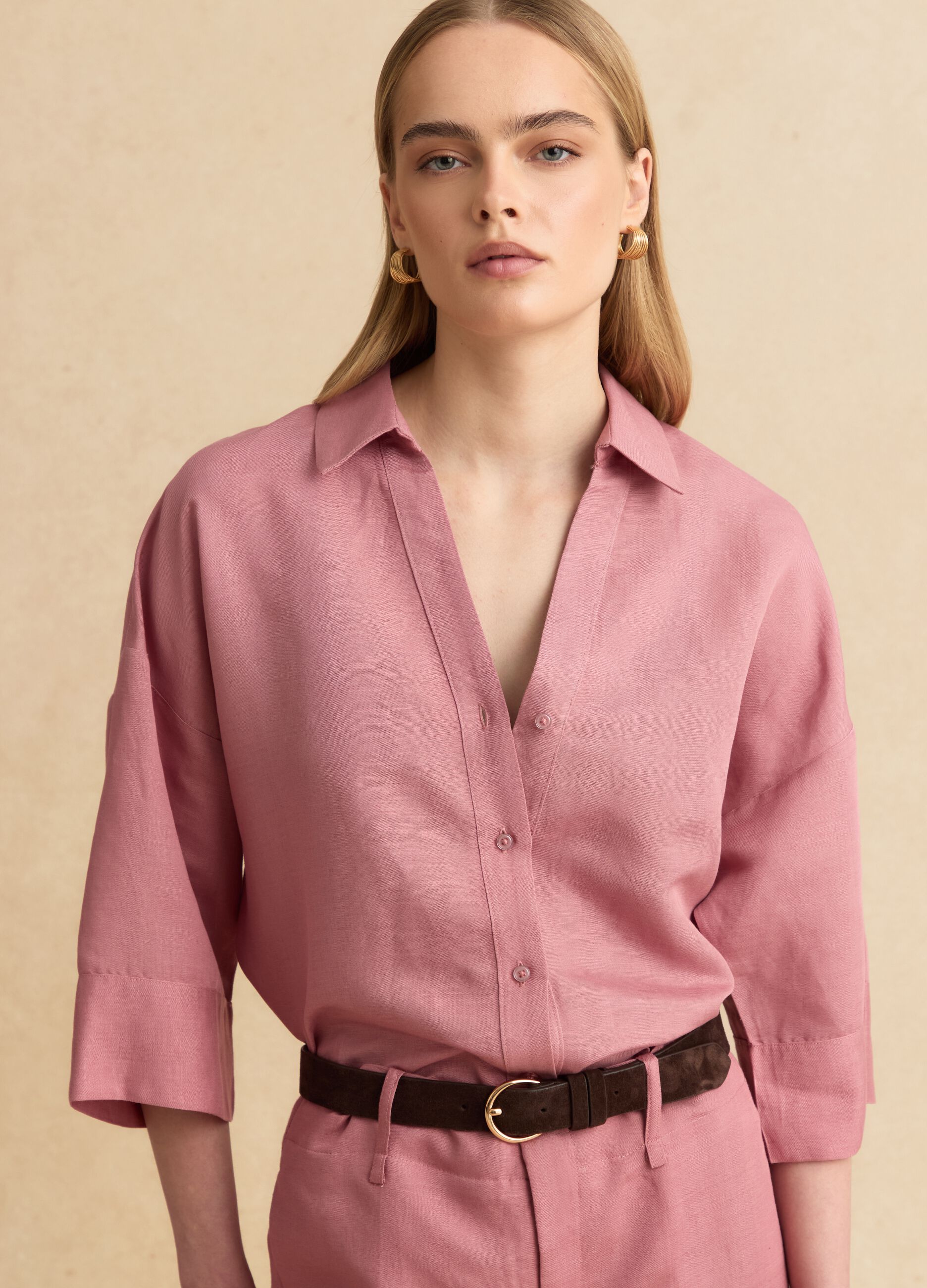 Pink linen-viscose blend shirt with oversized fit