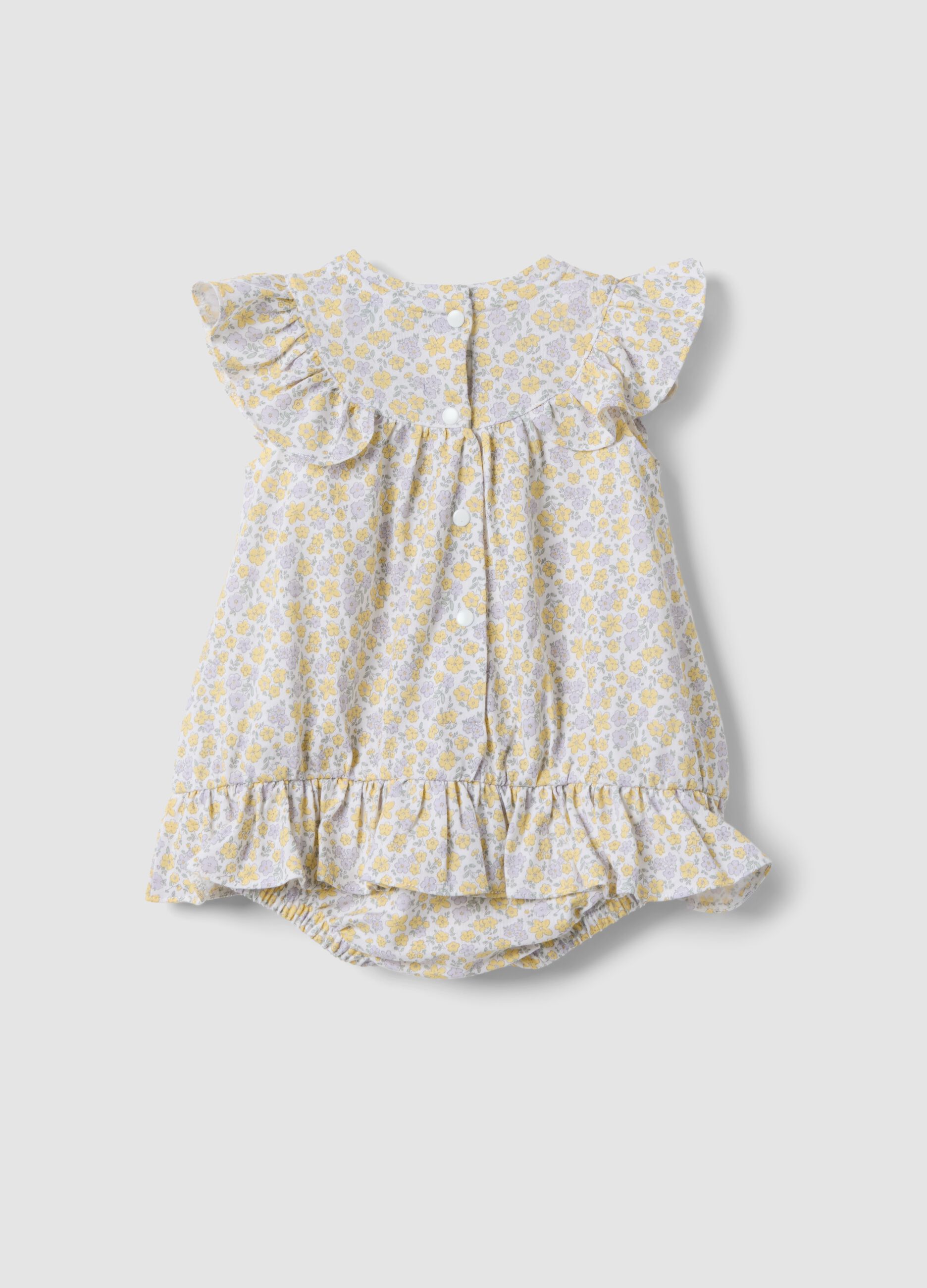 Yellow pure cotton baby girl romper with ruffles and floral print