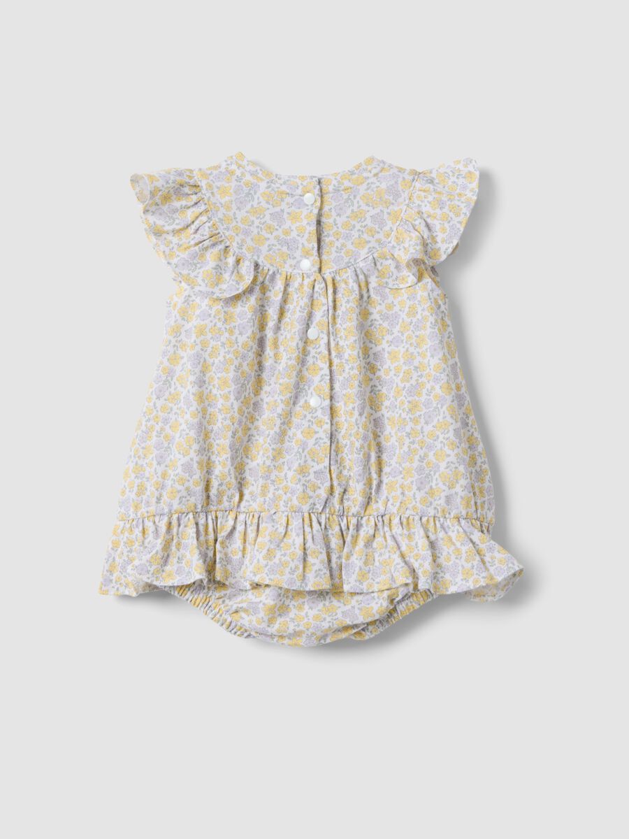 Yellow pure cotton baby girl romper with ruffles and floral print_1
