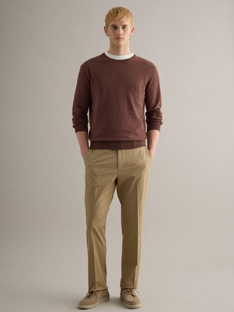 Beige Stretch Cotton Trousers Regular Fit_0