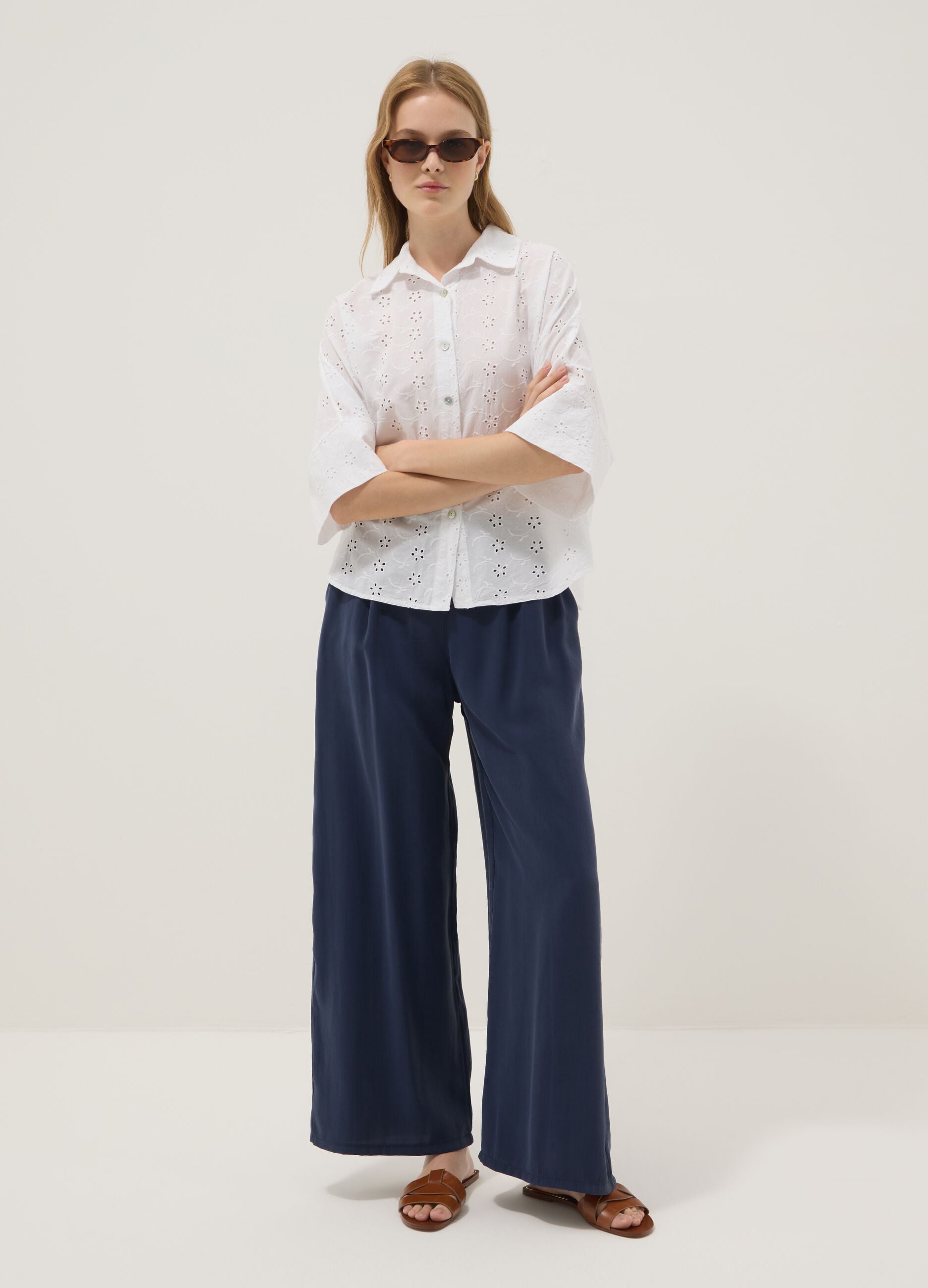 White broderie cotton shirt, regular fit
