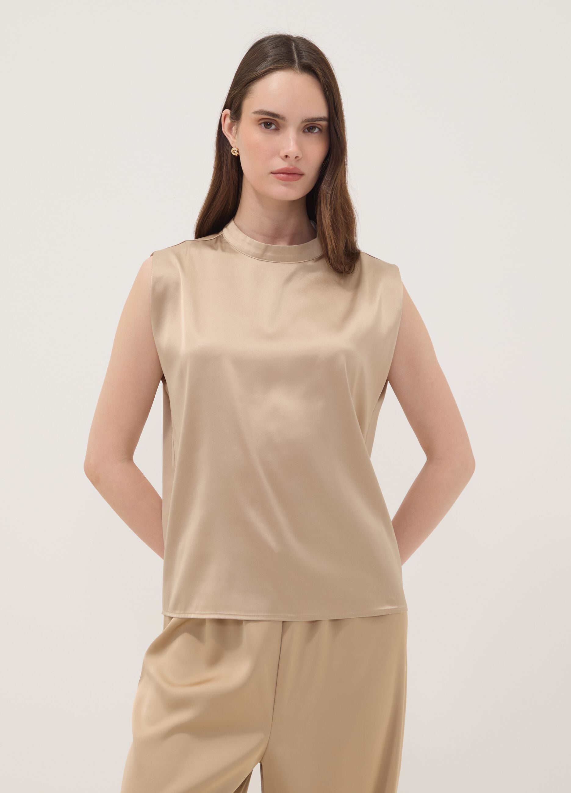 Beige stretch fabric high-neck top