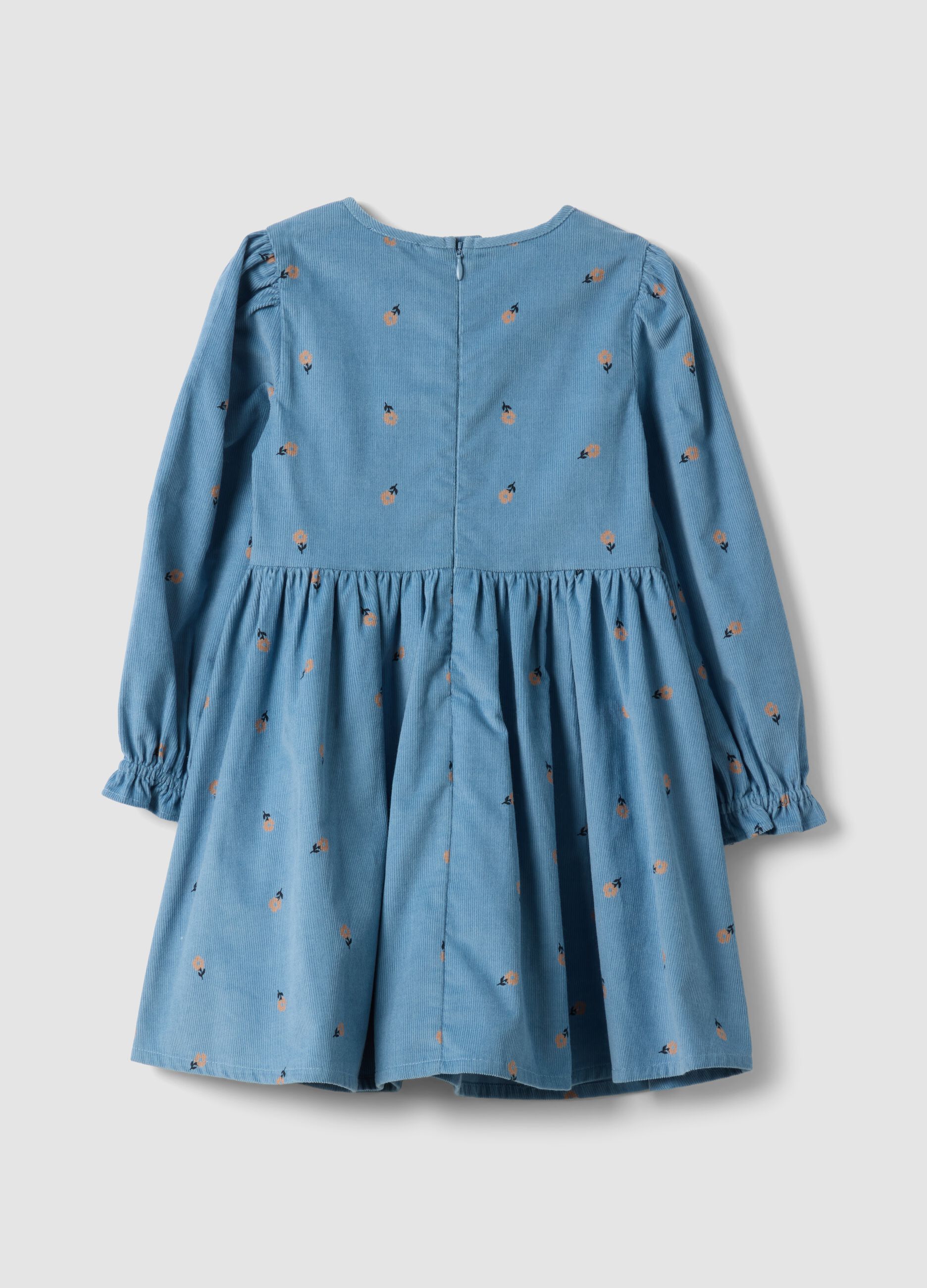 Blue pure cotton ribbed dress with floral print