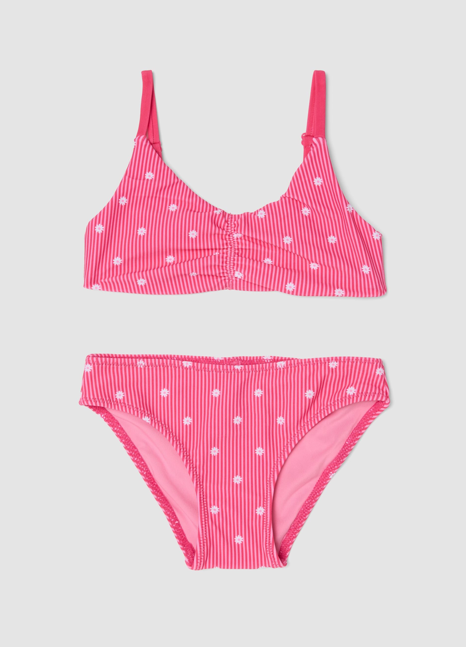 Pink striped stretch bikini with contrast flowers
