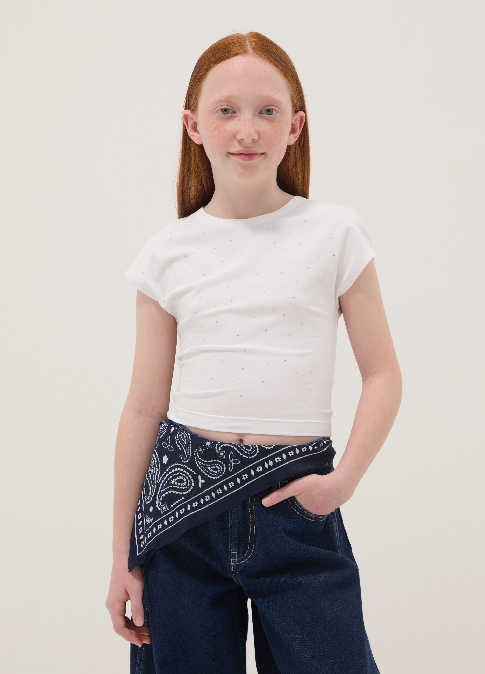Girls' Slim Fit White Stretch Cotton T-shirt with Rhinestones