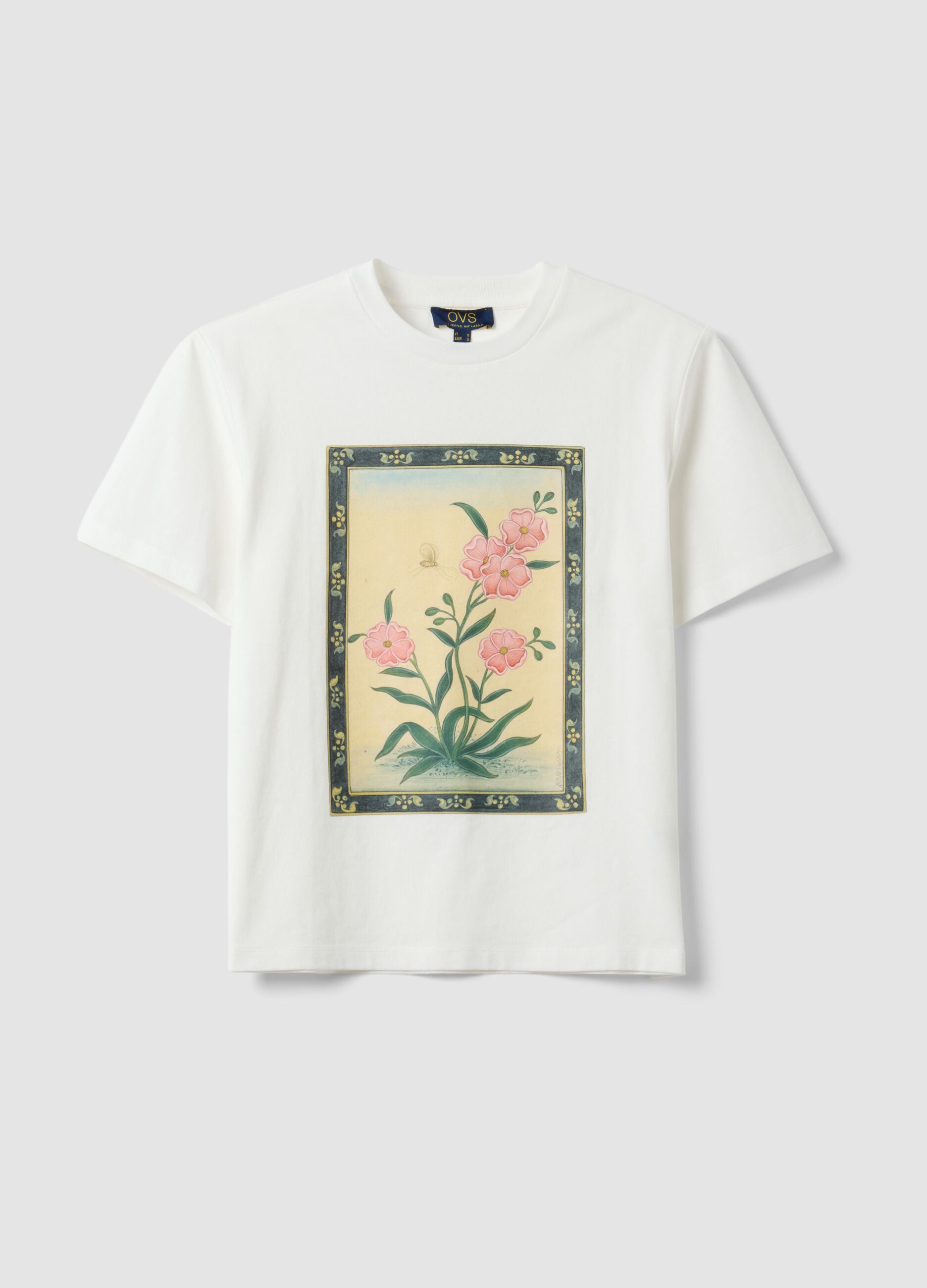 White pure cotton T-shirt with floral print