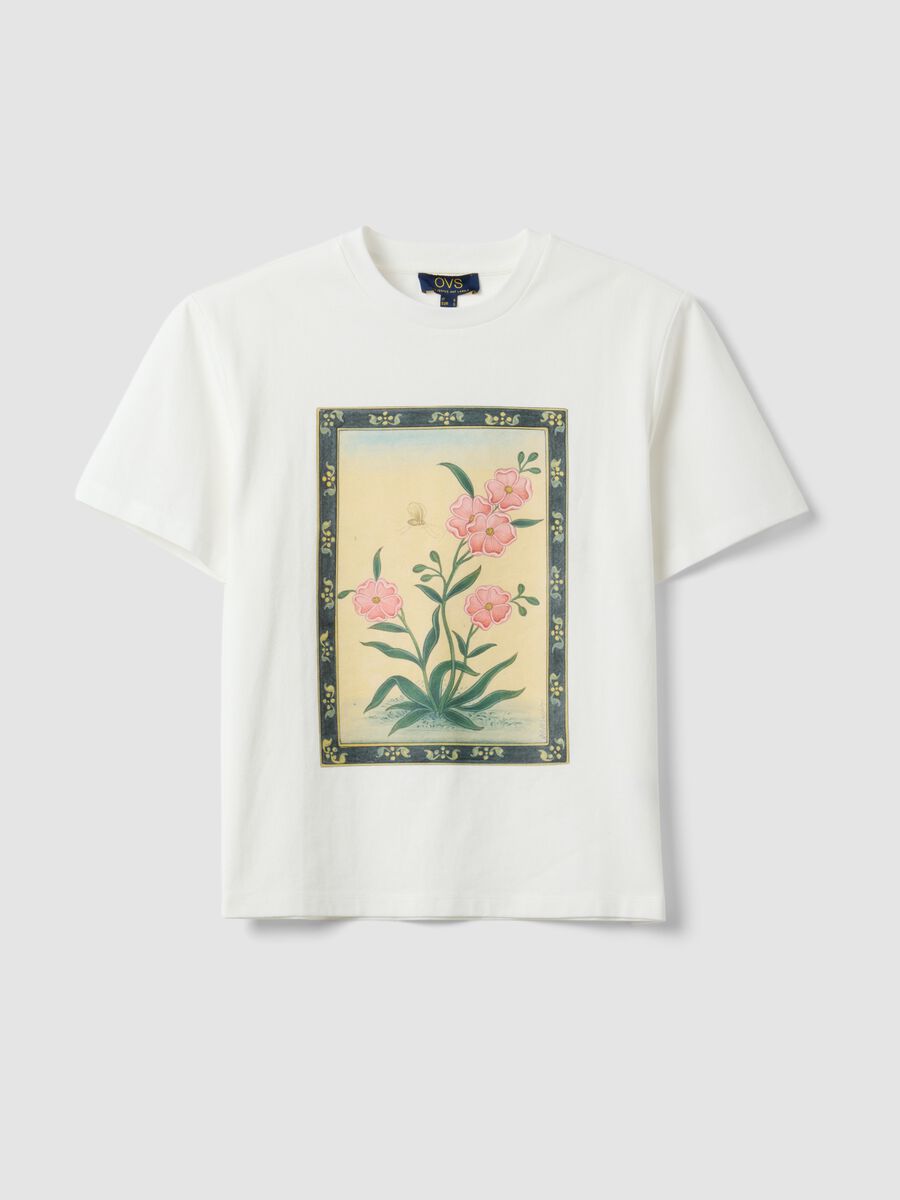 White pure cotton T-shirt with floral print_0