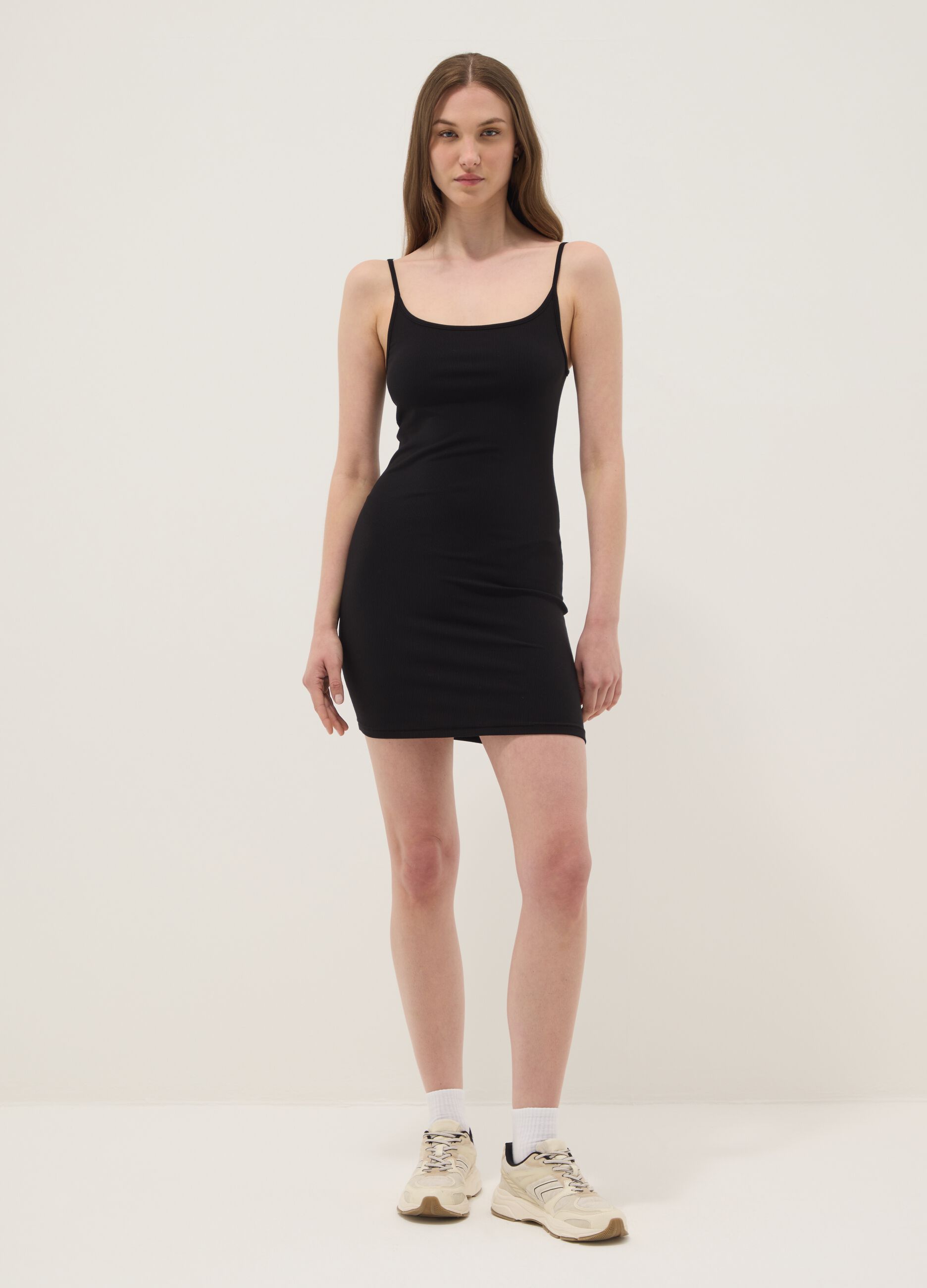 Black fitted ribbed stretch modal dress with straps