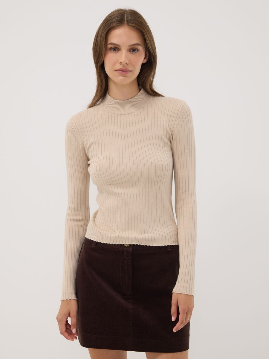 Beige ribbed viscose-blend top with high neck_0