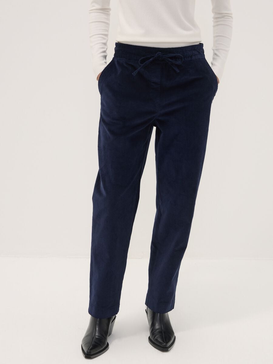 Pantaloni blu in cotone elasticizzato a coste con vita elasticizzata_1