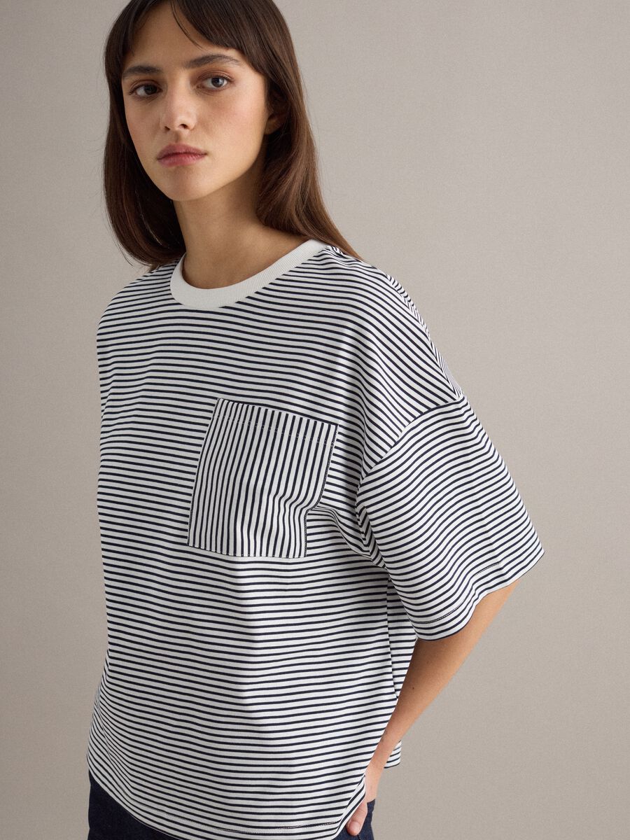 Multi-colour striped cotton blend regular fit t-shirt with pocket_0