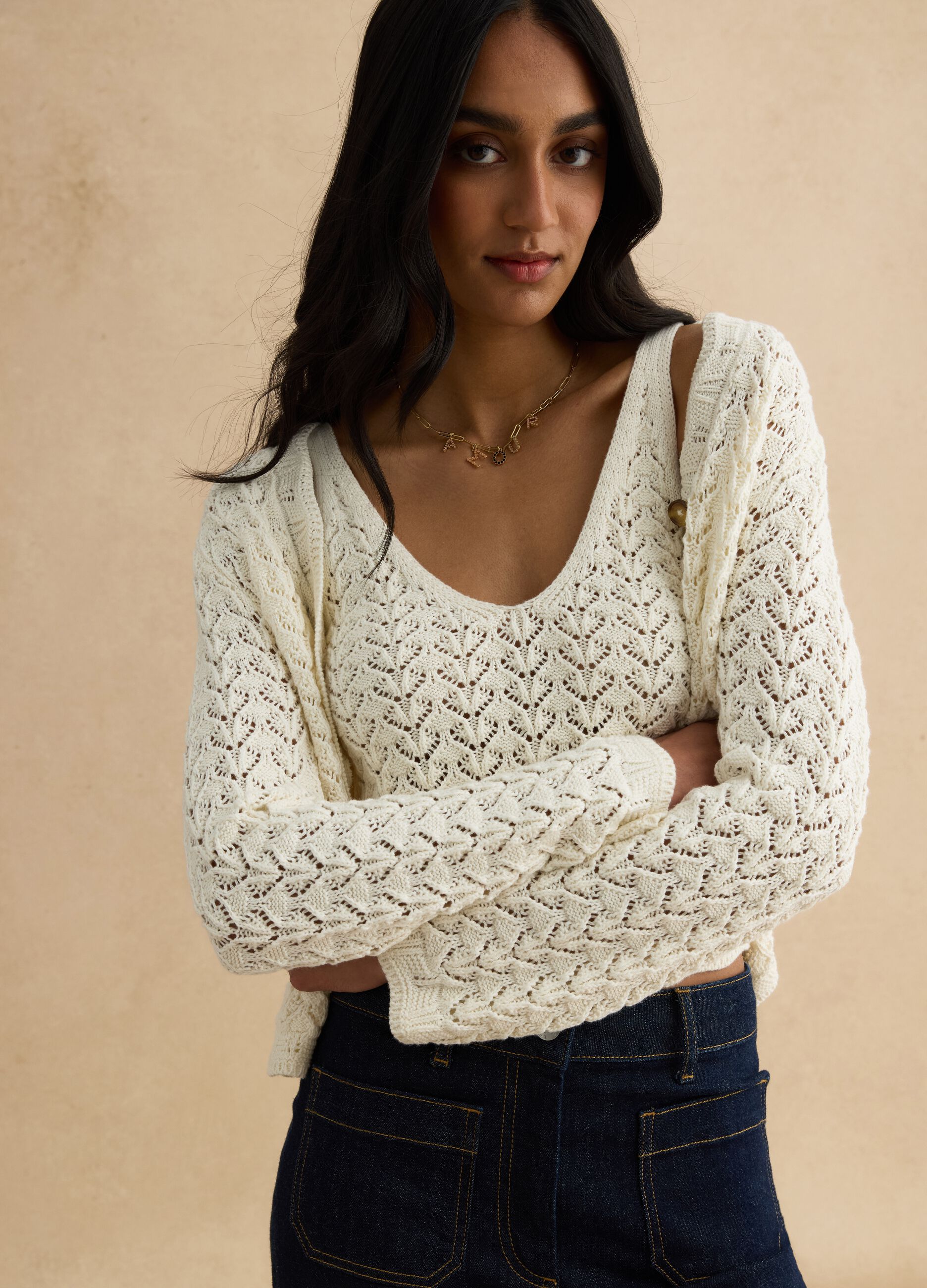 White pure cotton cardigan, regular fit deep V with openwork pattern
