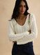 White pure cotton cardigan, regular fit deep V with openwork pattern_0