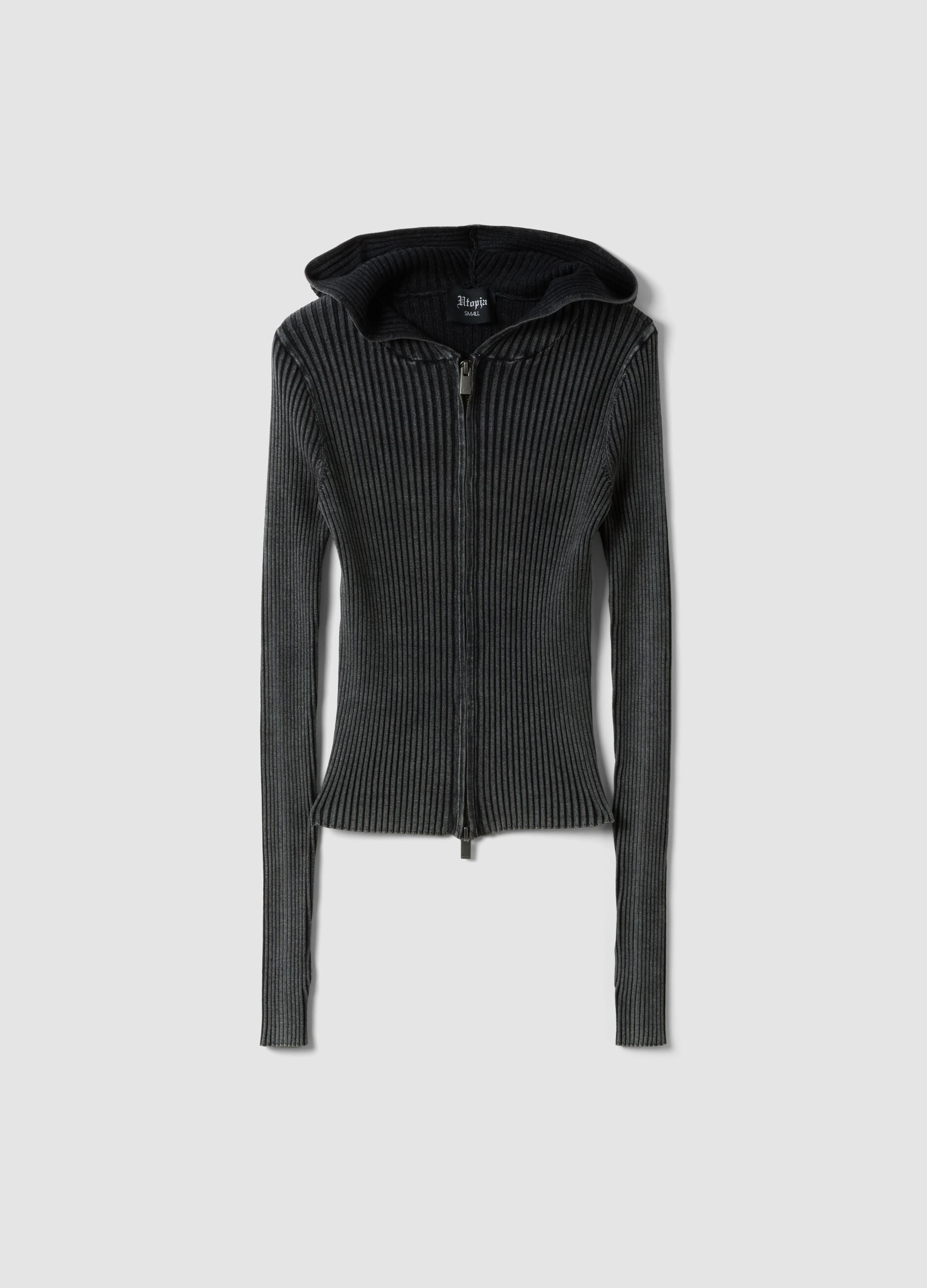 Knit Ribbed Hoodie Vintage Grey