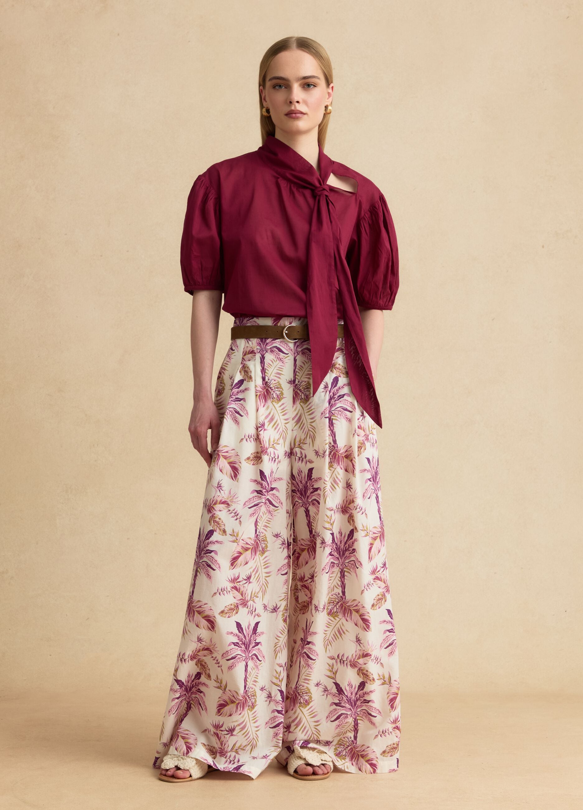 Red pure cotton regular-fit blouse with bow