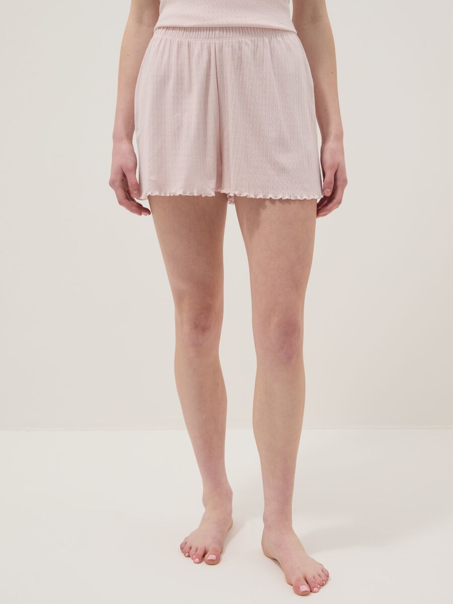 Pink pure cotton regular fit pyjama shorts with gathered edges_1