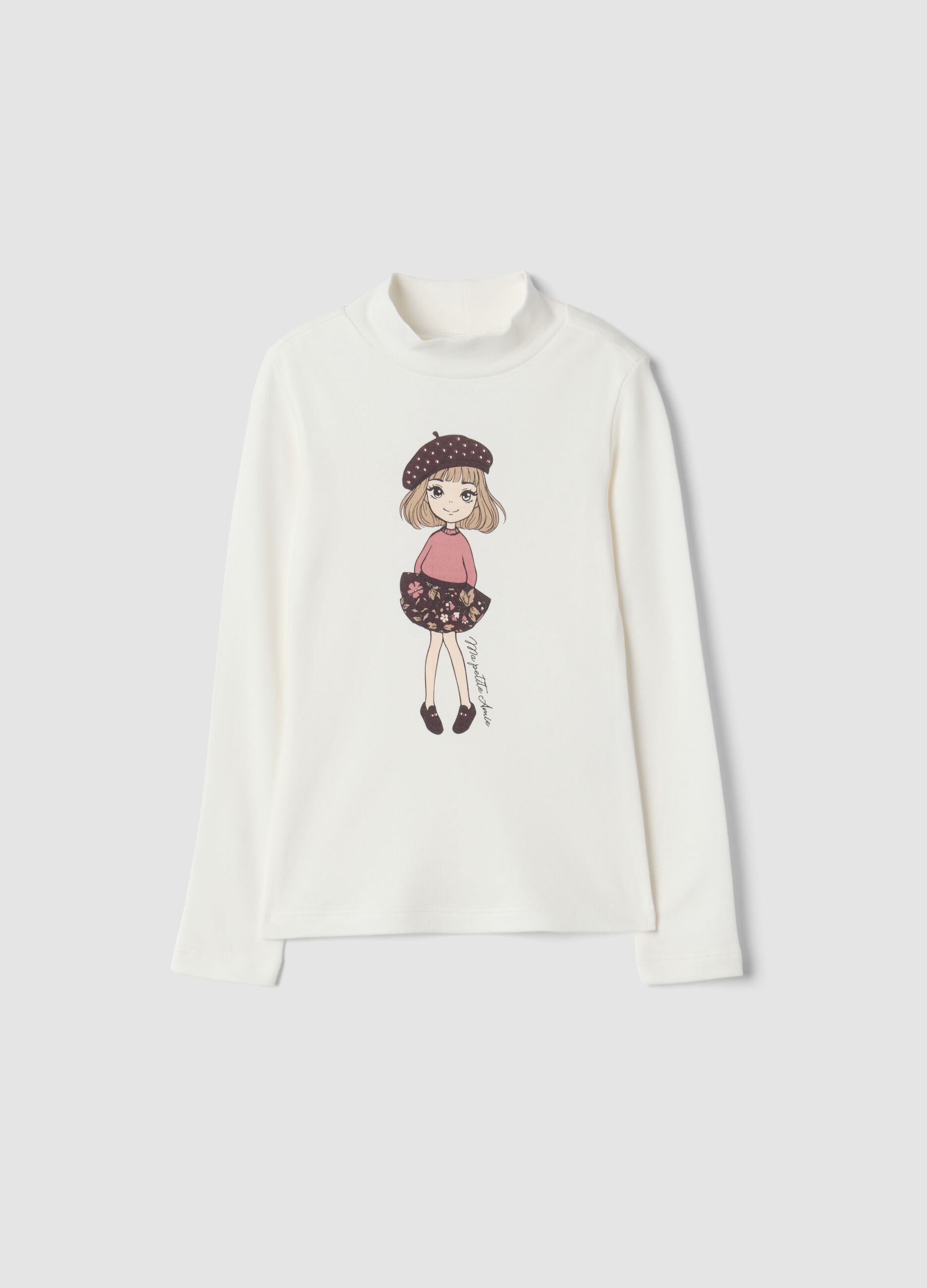 T-shirt bianca con collo rialzato in puro cotone organico con stampa