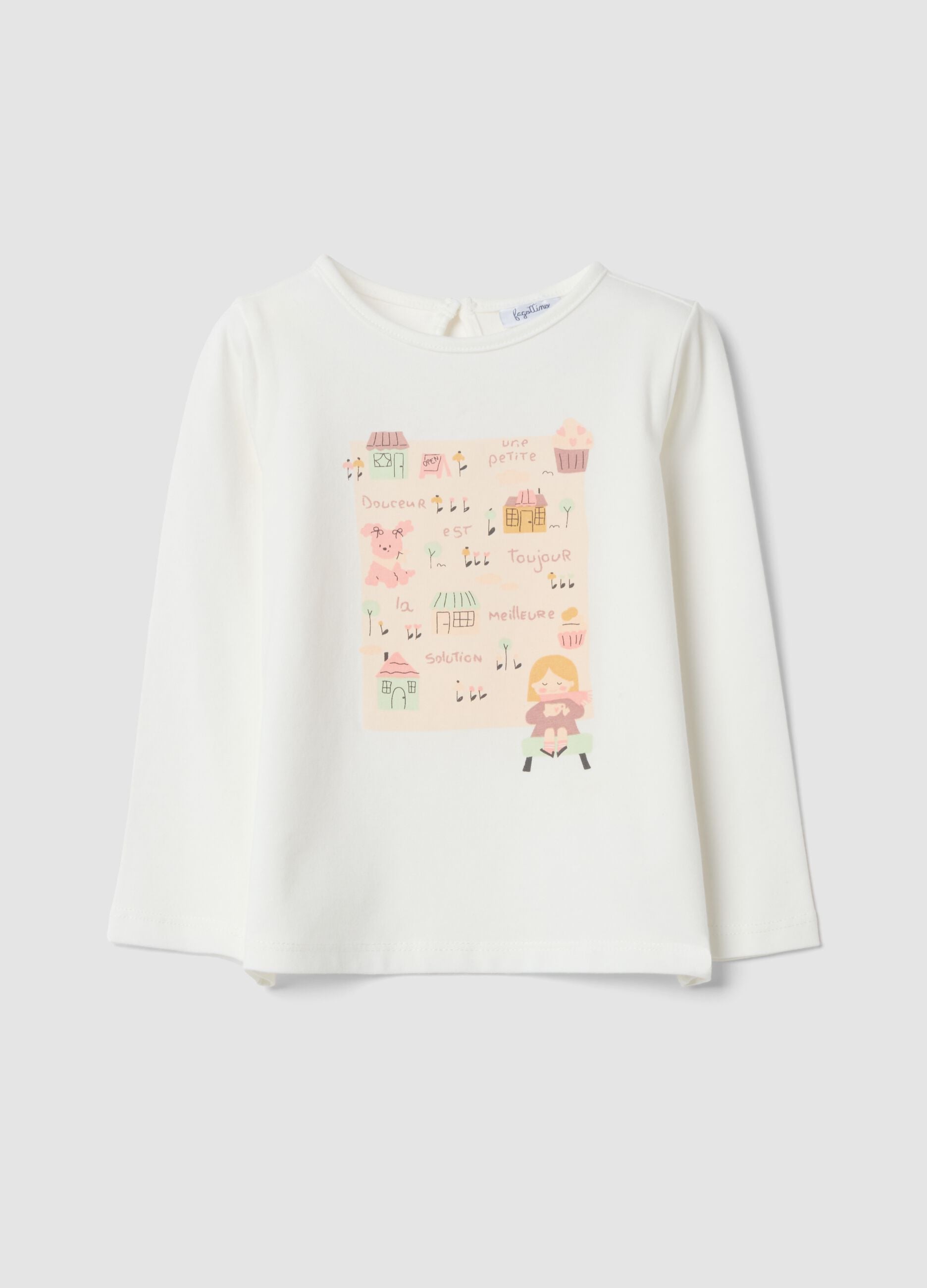 White organic stretch cotton jersey T-shirt with print, regular fit