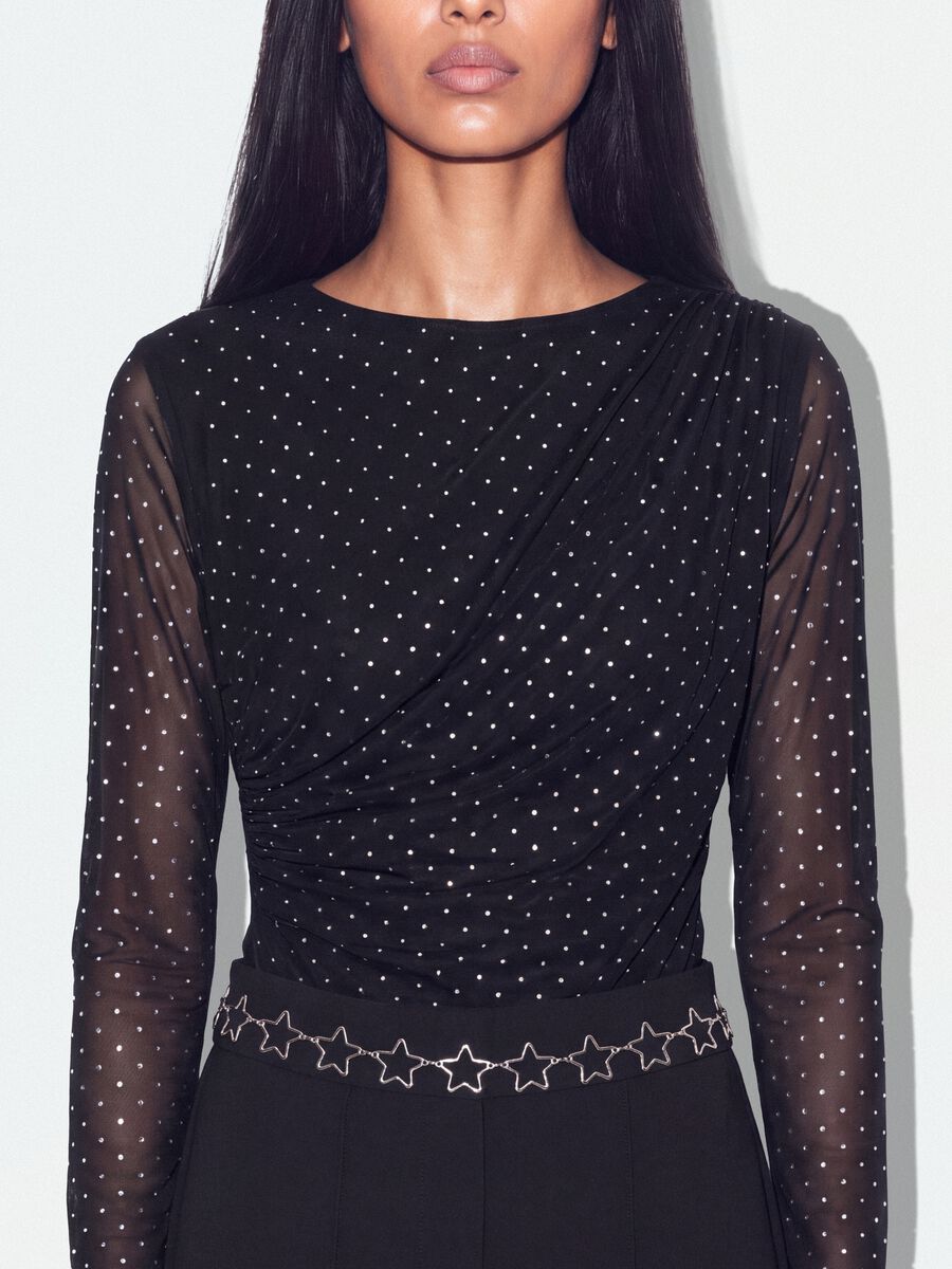 Black fitted stretch bodysuit with rhinestones_2