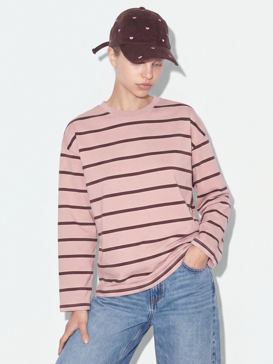 Pink pure cotton striped sweatshirt with crew neck, relaxed fit_0