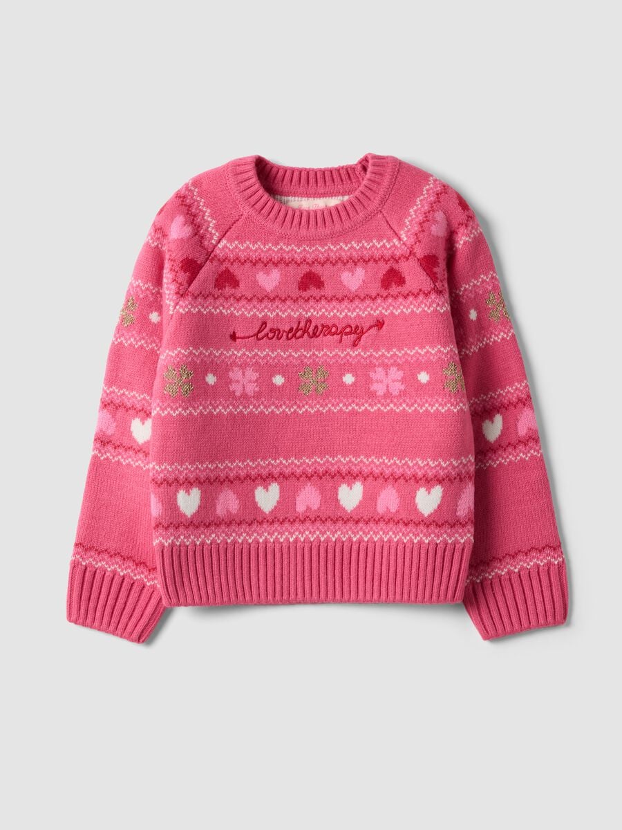 Rosa Rundhals-Pullover mit Herzen und Jacquardmuster, Regular Fit_0