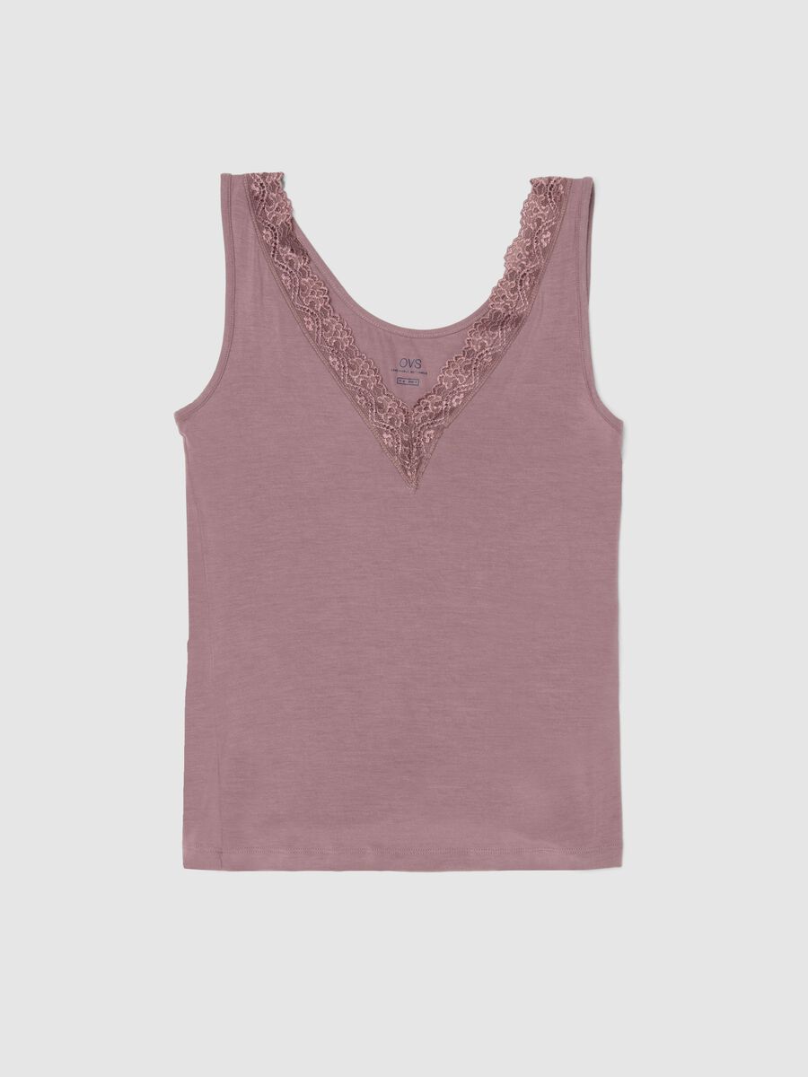 Canotta in viscosa elasticizzata rosa regular fit deep V con pizzo_0